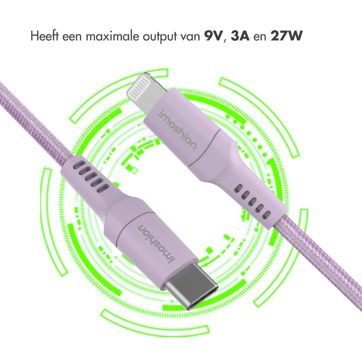 Deux câbles de charge violets. Un est branché et l'autre non. Cercle vert autour.