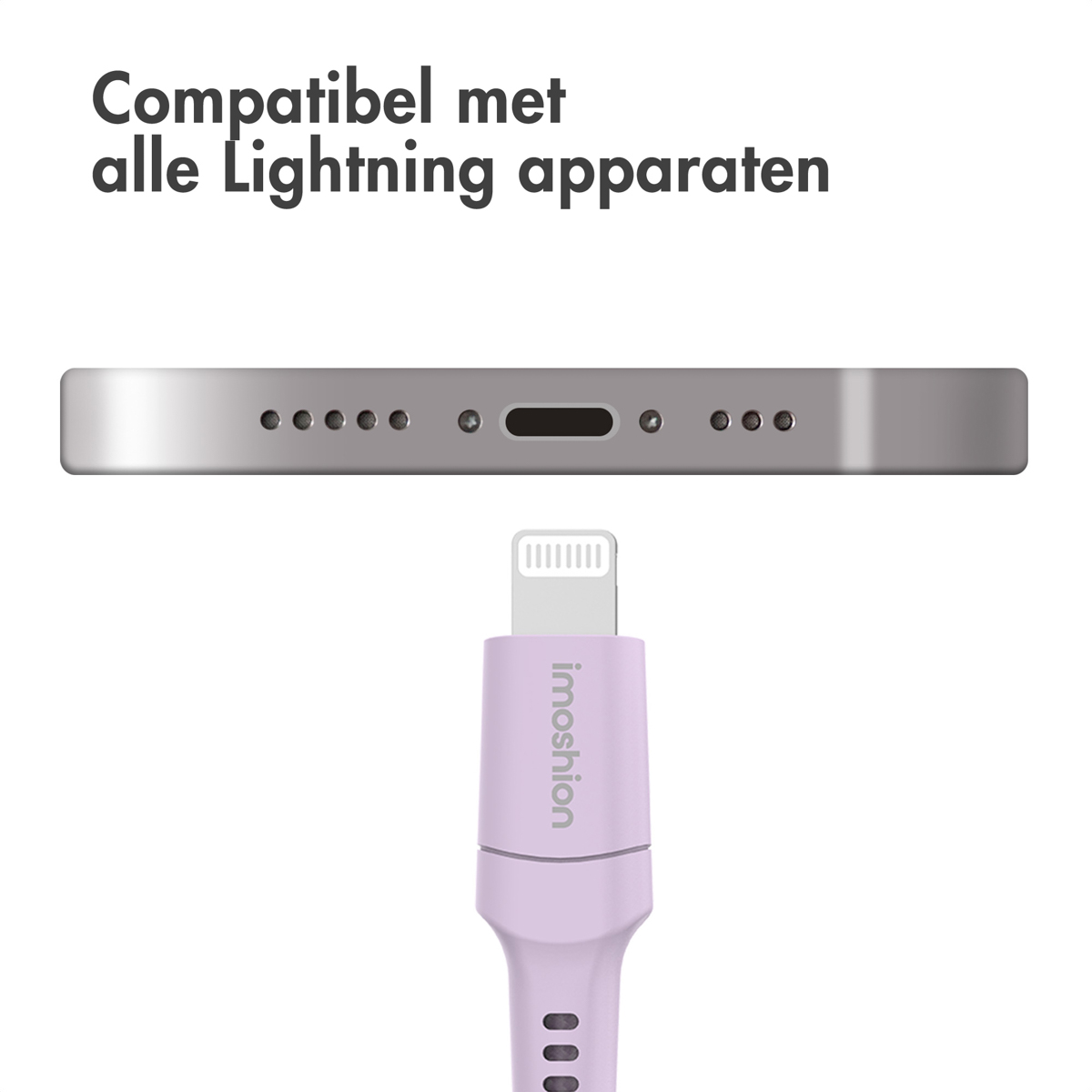 Gros plan d'un téléphone avec un port Lightning et un câble Lightning. Fond blanc.