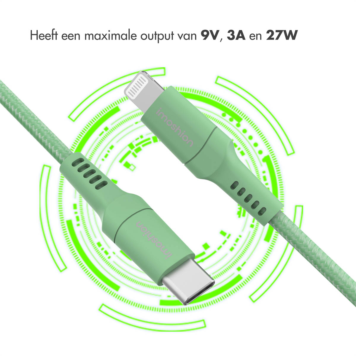 Câble USB-C et Lightning vert avec des accents verts, entouré d'un design circulaire vert.