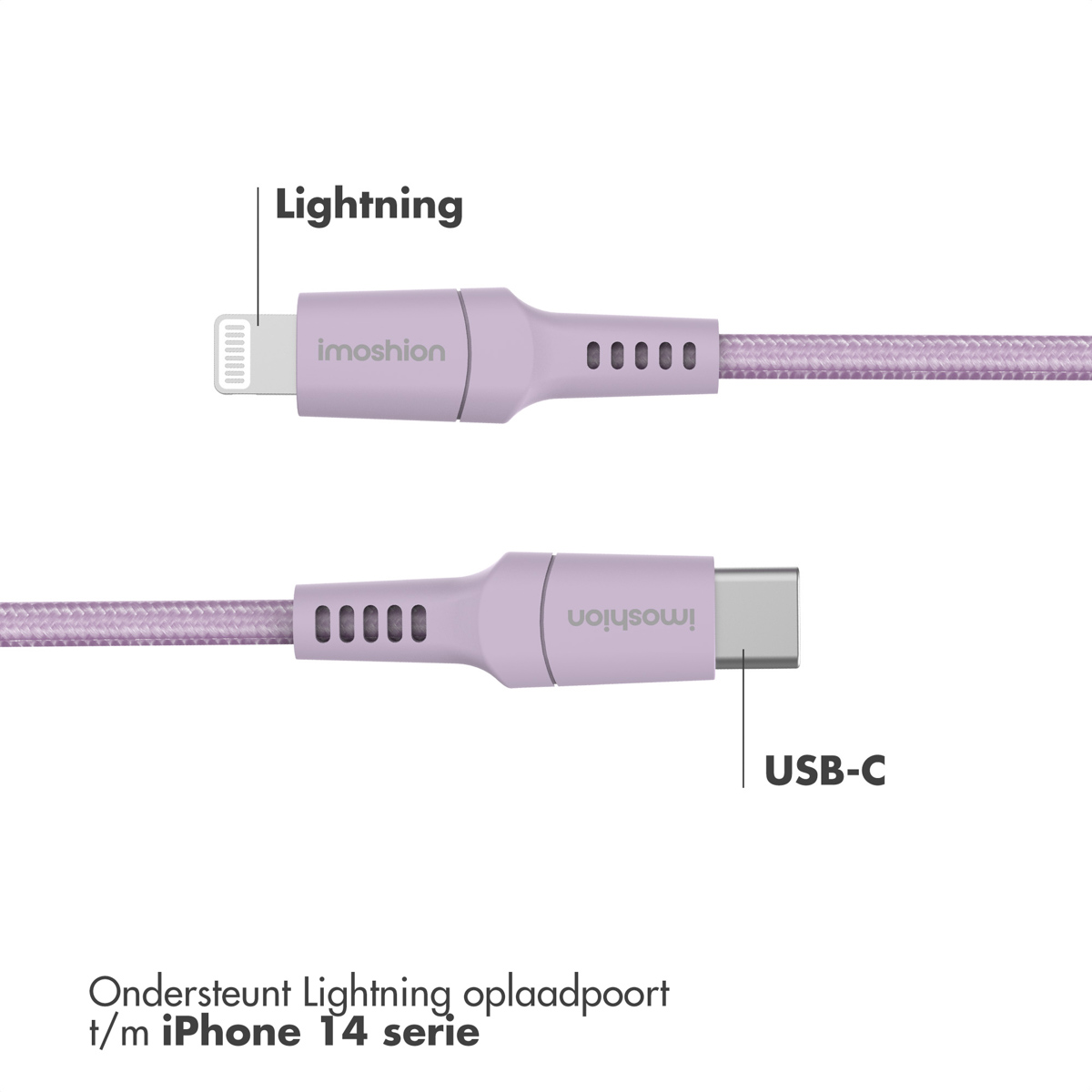 Câbles de charge Lightning et USB-C violets avec connecteurs, étiquettes en surbrillance.