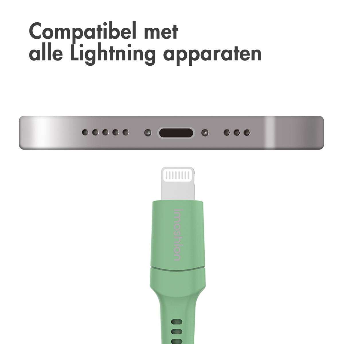 Bas du smartphone avec un câble Lightning. Câble et connecteur verts, fond blanc.