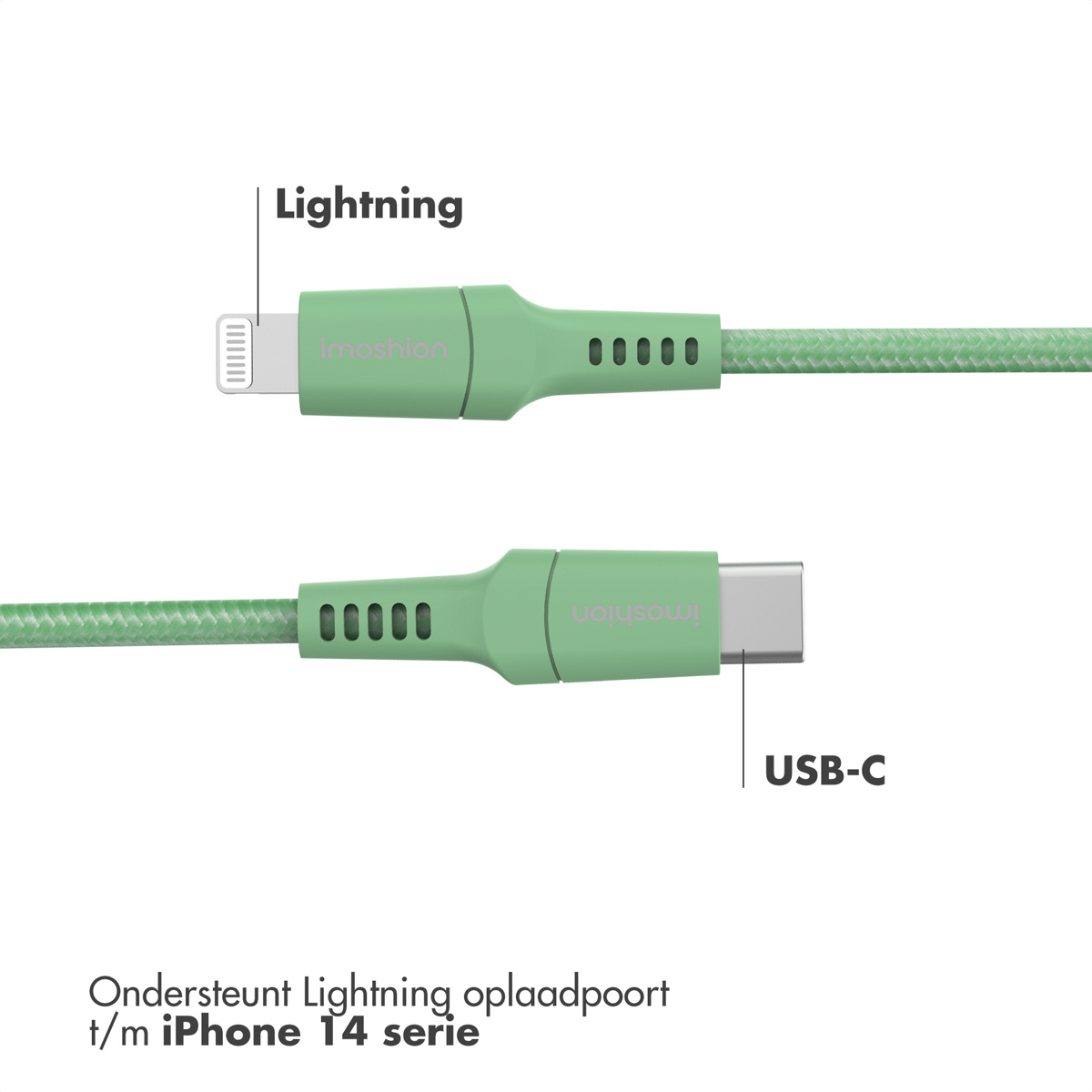Câble vert Lightning et USB-C. Marque Imoshion, avec étiquettes Lightning et USB-C.