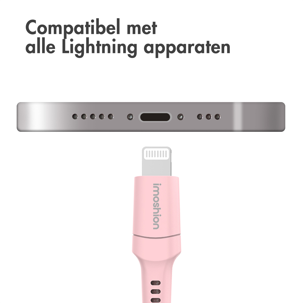 Câble Lightning rose connecté à un téléphone, port de charge visible.