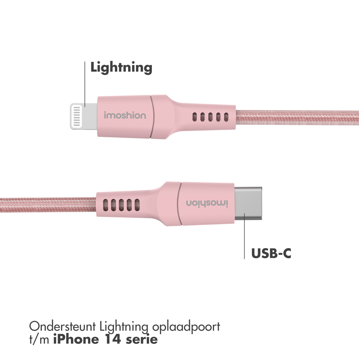 Deux câbles de chargement. Un avec Lightning et l'autre avec connecteur USB-C. Couleur rose.