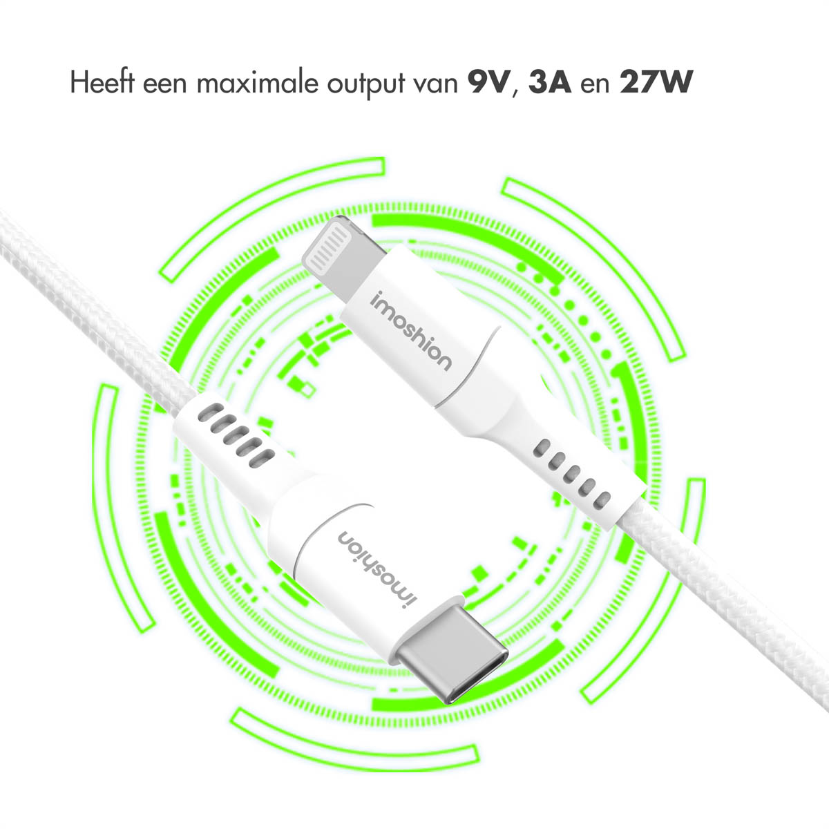 Câble de charge blanc avec connecteurs USB-C et Lightning, design de circuit vert.