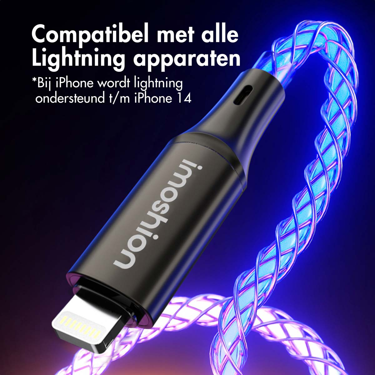 Câble Lightning Imoshion noir avec des lumières bleues brillantes.