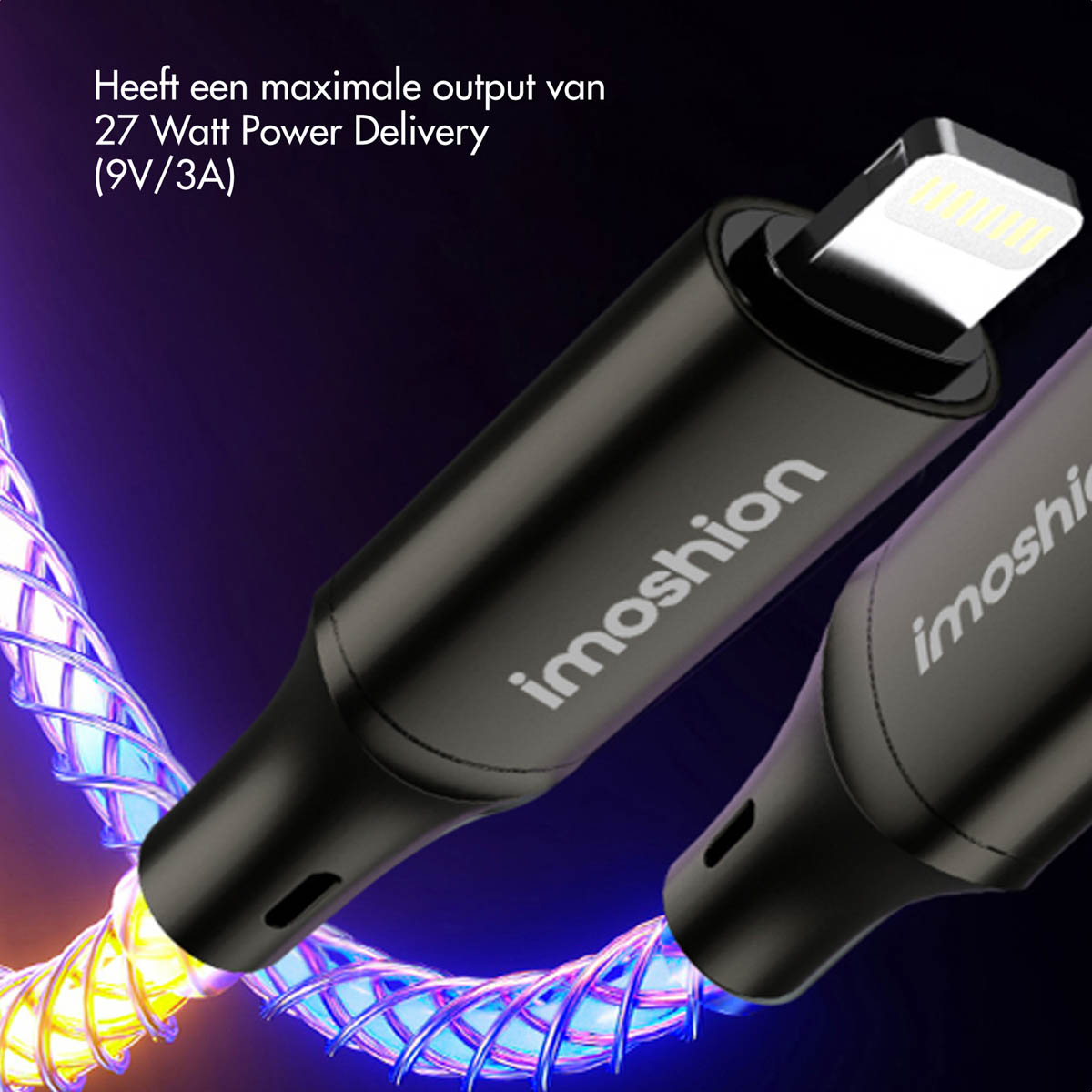 Câble de charge noir avec connecteur Lightning. Logo Imoshion visible. Bleu et jaune brillant.