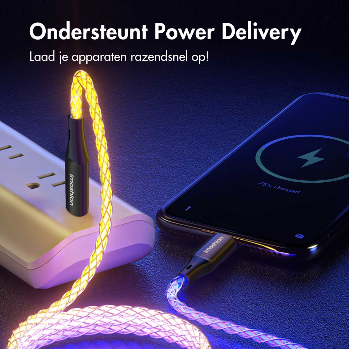 Téléphone en charge via un câble, le câble a des lumières bleues et jaunes. Le téléphone affiche 75% de charge.