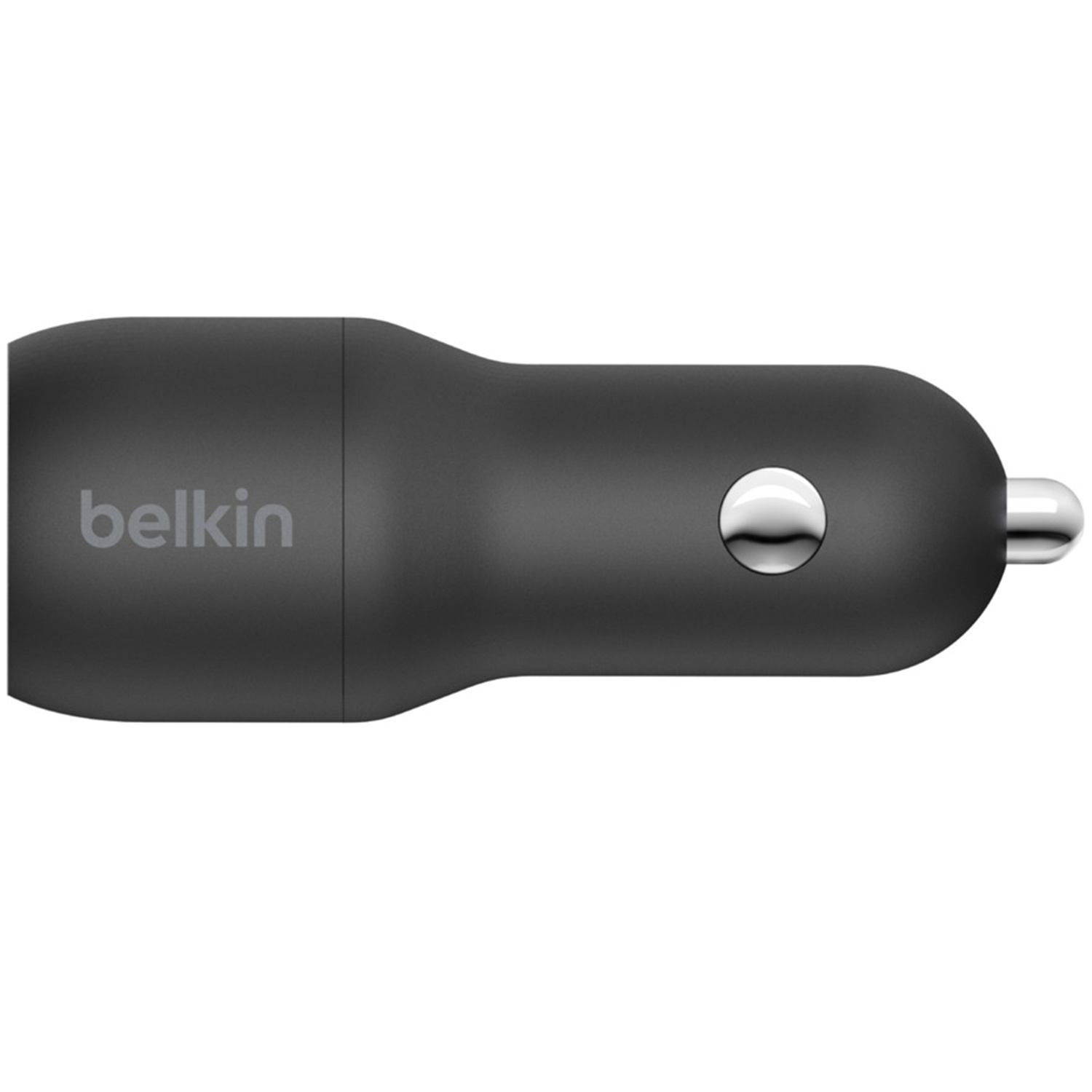 Schwarzer Autoladeadapter. Es hat ein Belkin-Logo und einen silbernen Knopf.
