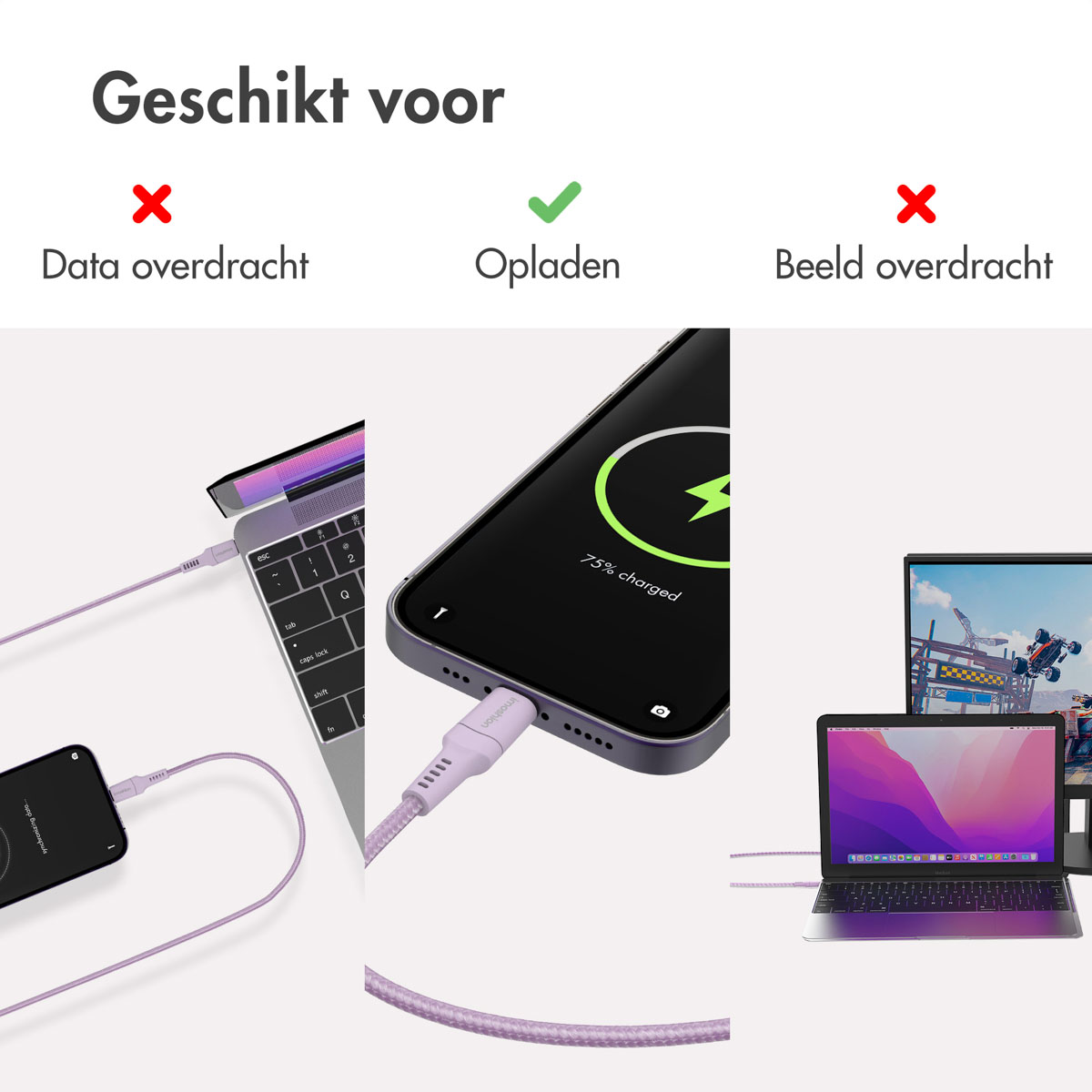 Images show charging cables connected to devices. Text indicates charging is supported, but data transfer and display are not.