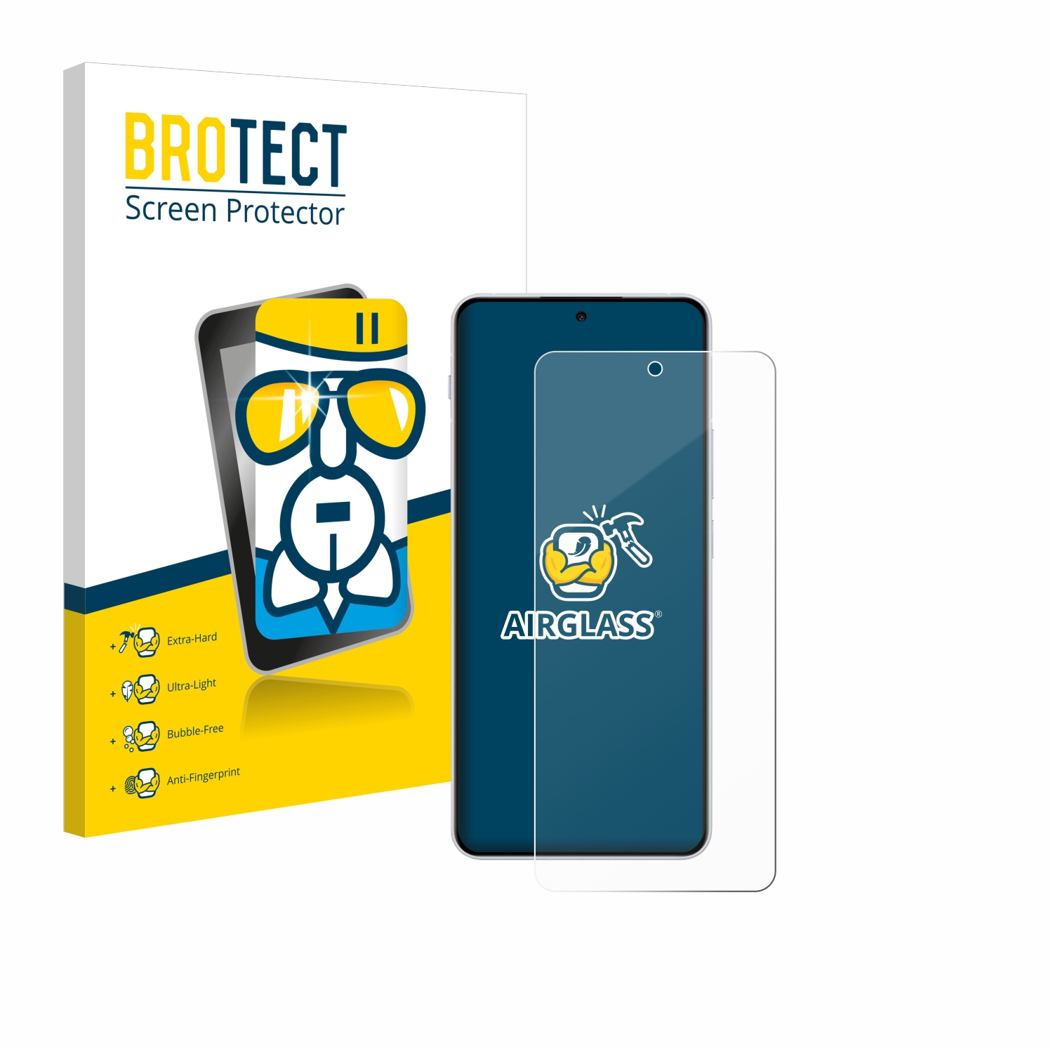 Telefon, Displayschutzfolie und Box. Box sagt 'BROTECT Screen Protector' und '2er Pack'. Schutzfolie sagt 'AIRGLASS'.