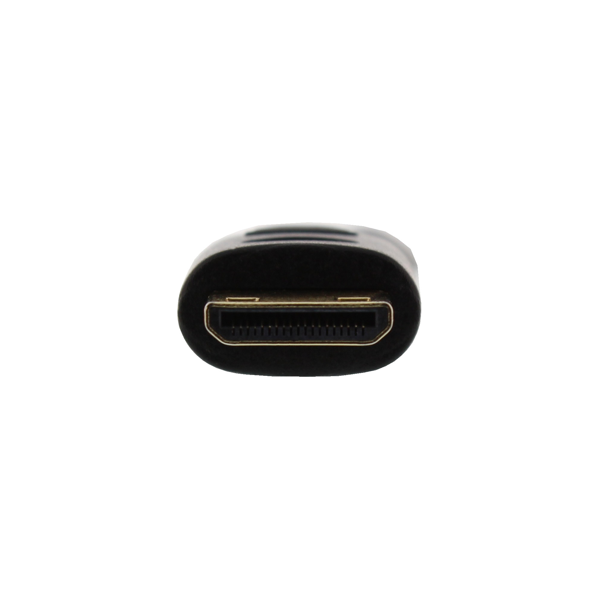 Un adaptateur HDMI noir avec un connecteur doré sur fond blanc.