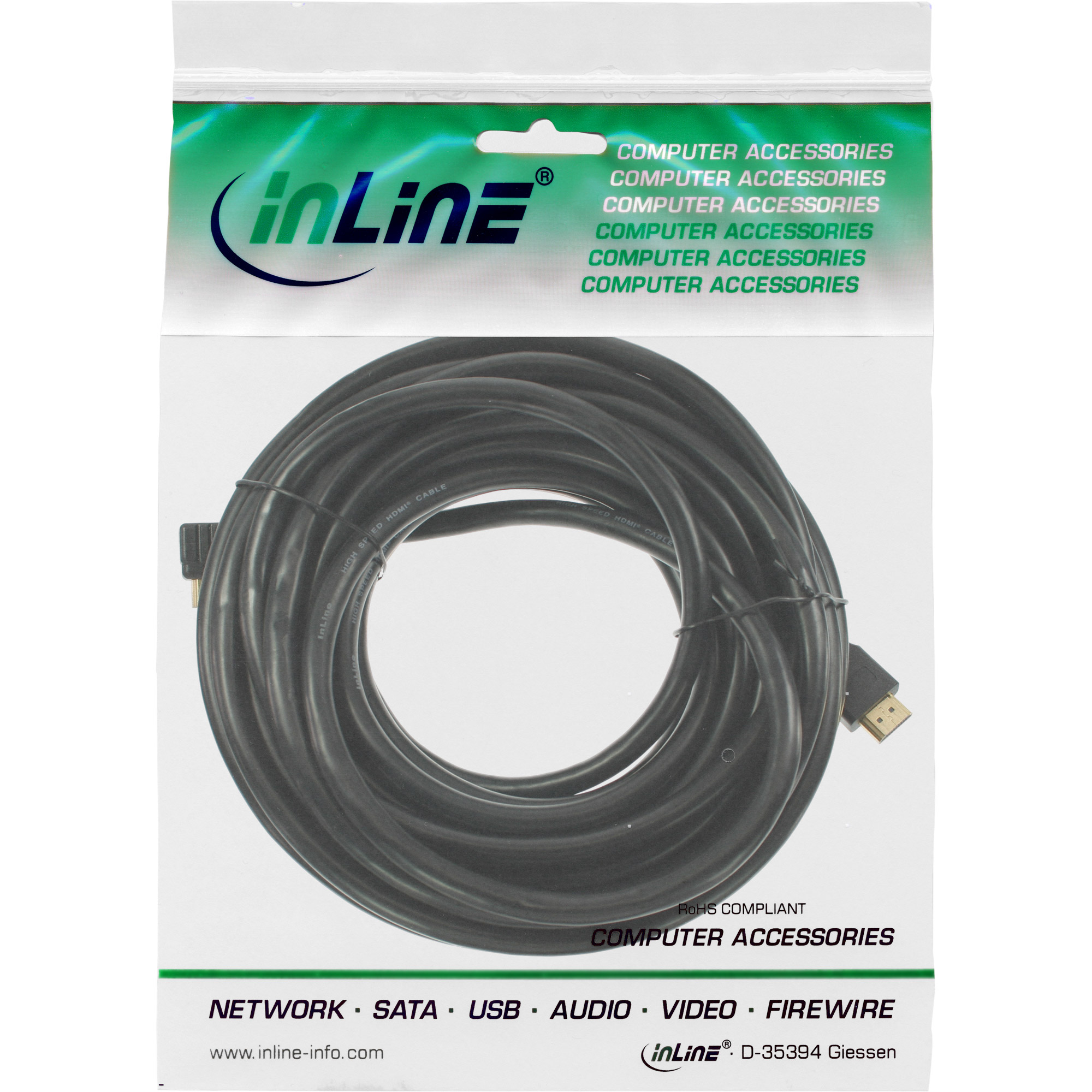 Câble HDMI noir dans un sac plastique transparent avec le logo 'inLine'.