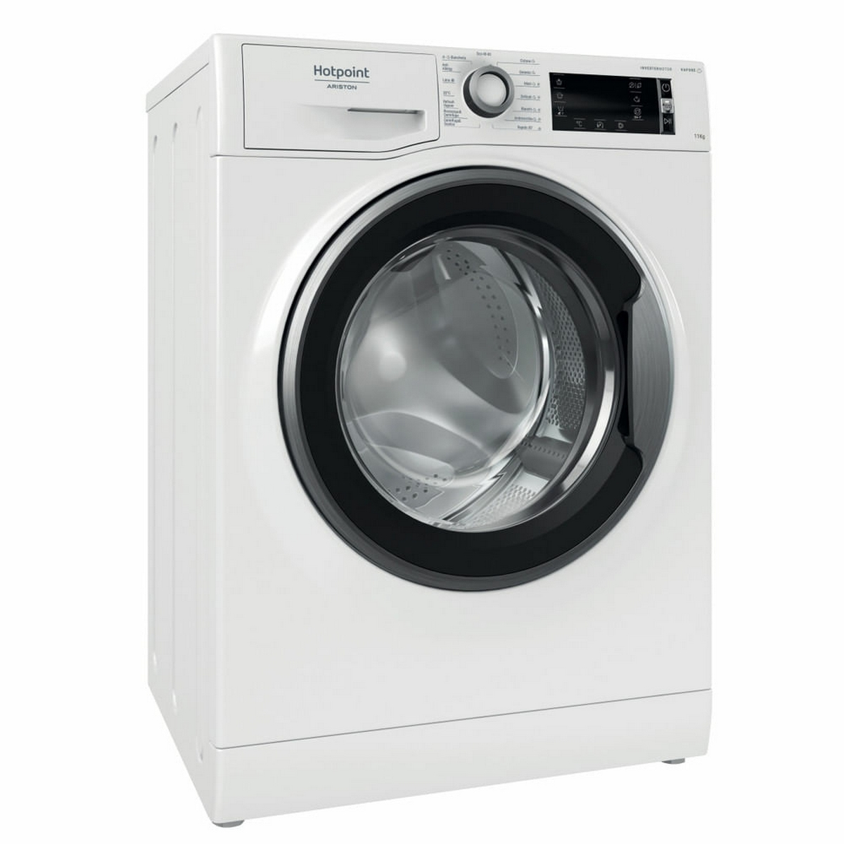 Una lavatrice Hotpoint bianca, vista frontale, con porta nera, su sfondo bianco.