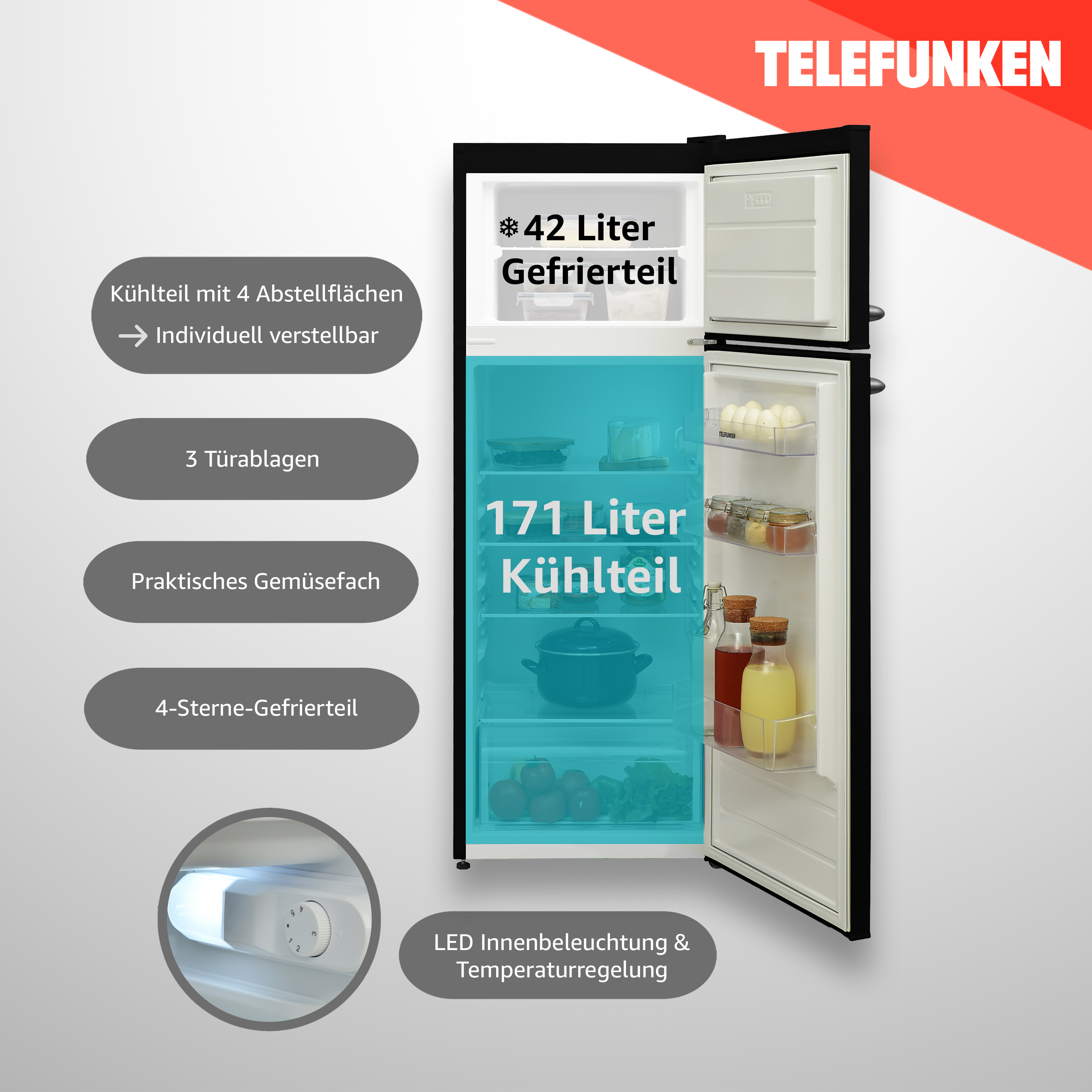 Schwarzer Kühlschrank mit offener Tür, Innenraum mit Regalen und Lebensmitteln.