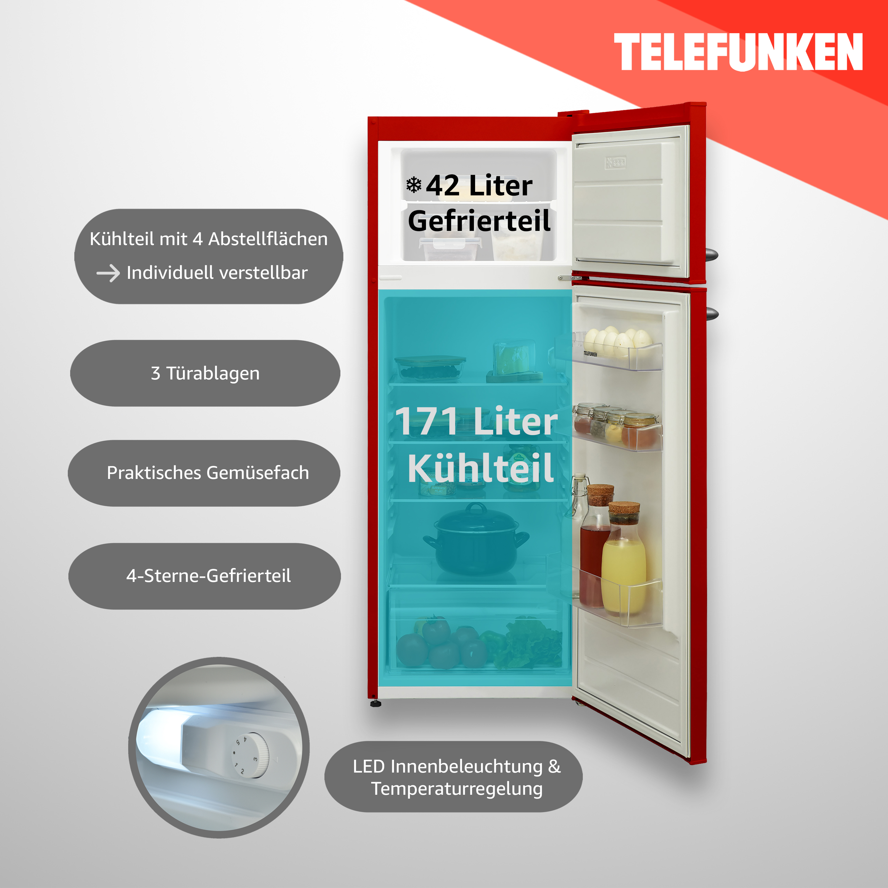Ein roter TELEFUNKEN-Kühlschrank mit offener Tür. Der Gefrierschrank befindet sich oben. Der Kühlschrank zeigt Lebensmittel.