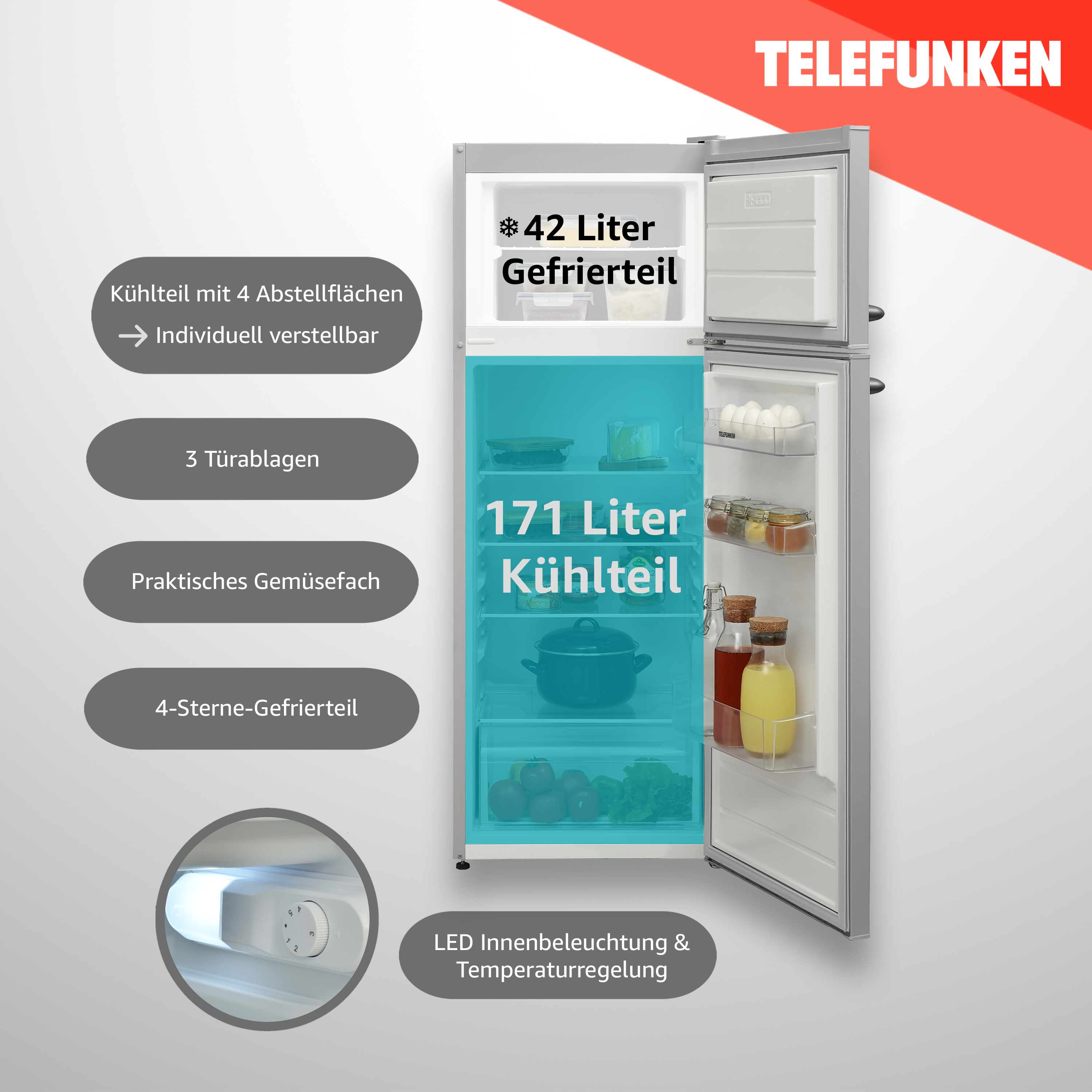 Kühlschrank mit offenen Türen, die Kühl- und Gefrierfächer zeigen.