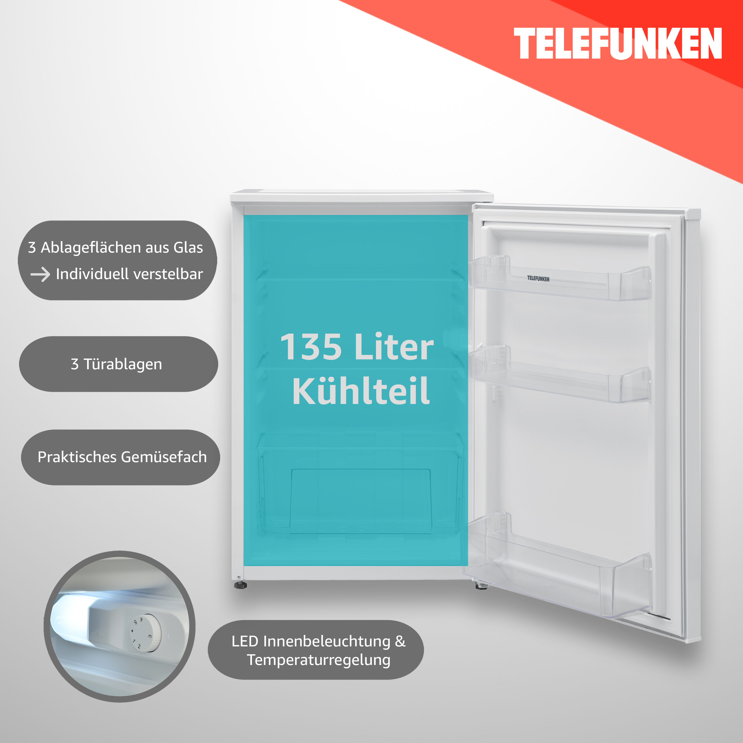Offener Kühlschrank mit Text. Zeigt Regale und LED-Beleuchtung im Inneren.