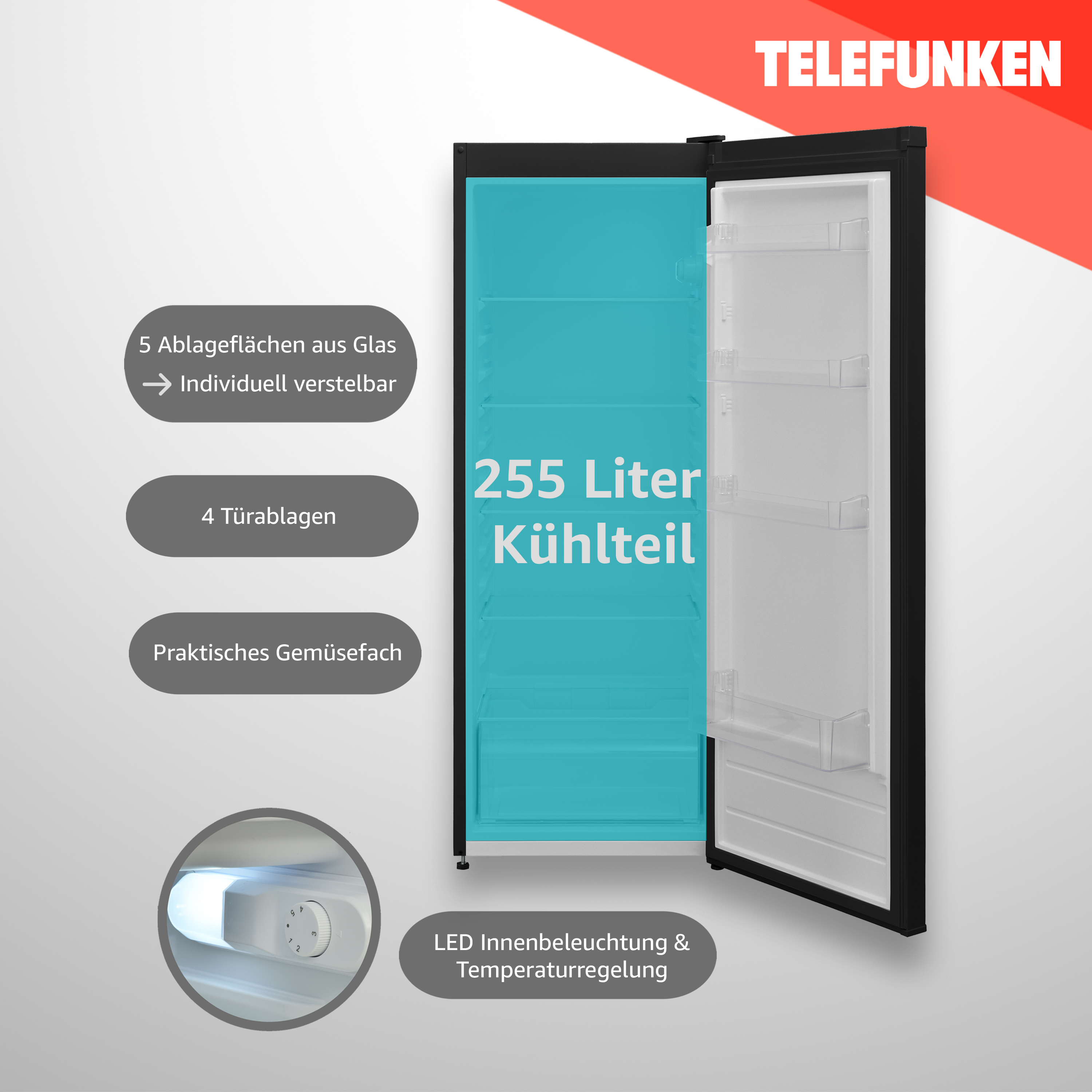 Kühlschrank mit offener Tür, zeigt Regale und Text.