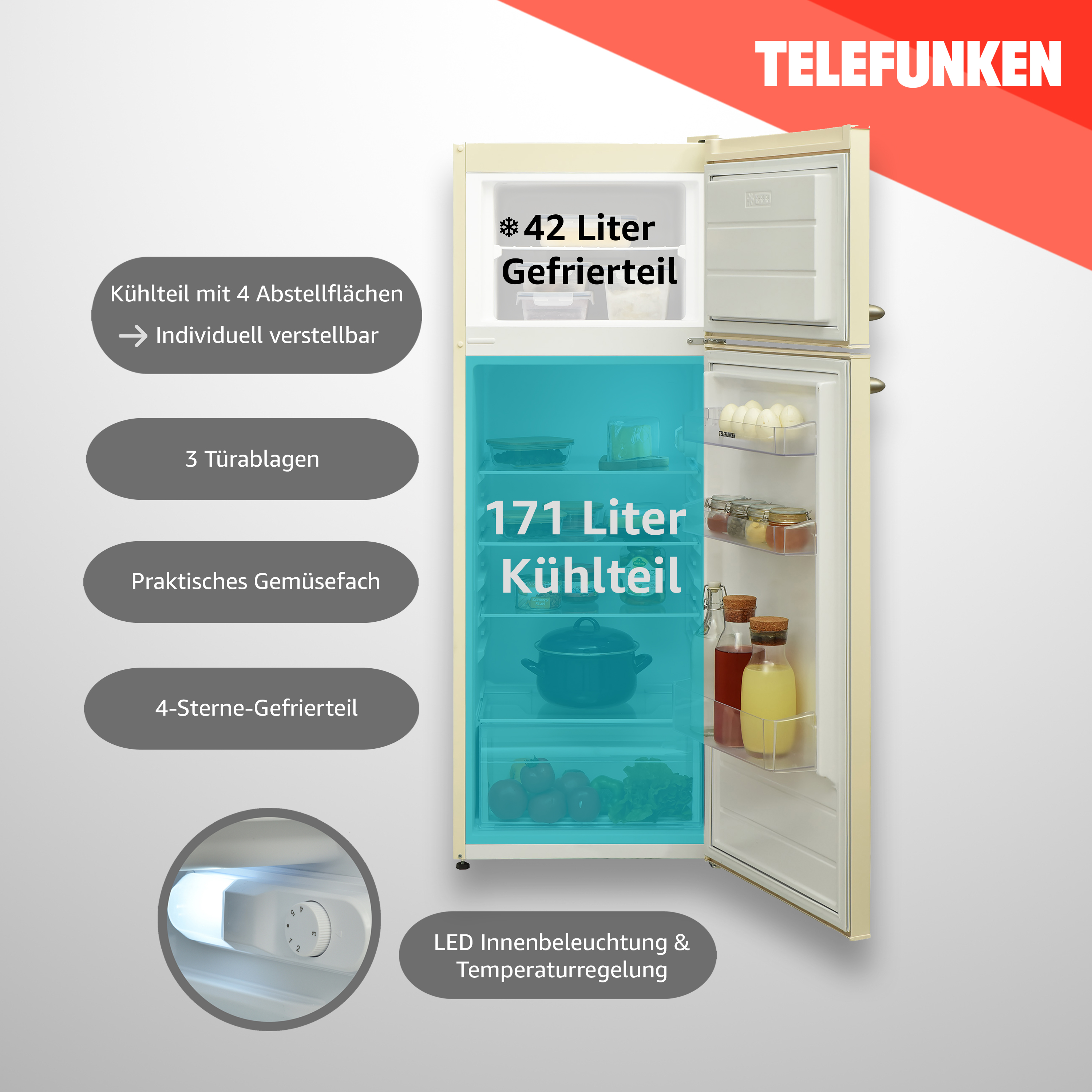 Beiger Telefunken Kühlschrank mit geöffneten Türen, zeigt Gefrier- und Kühlschrankbereich mit Lebensmitteln.