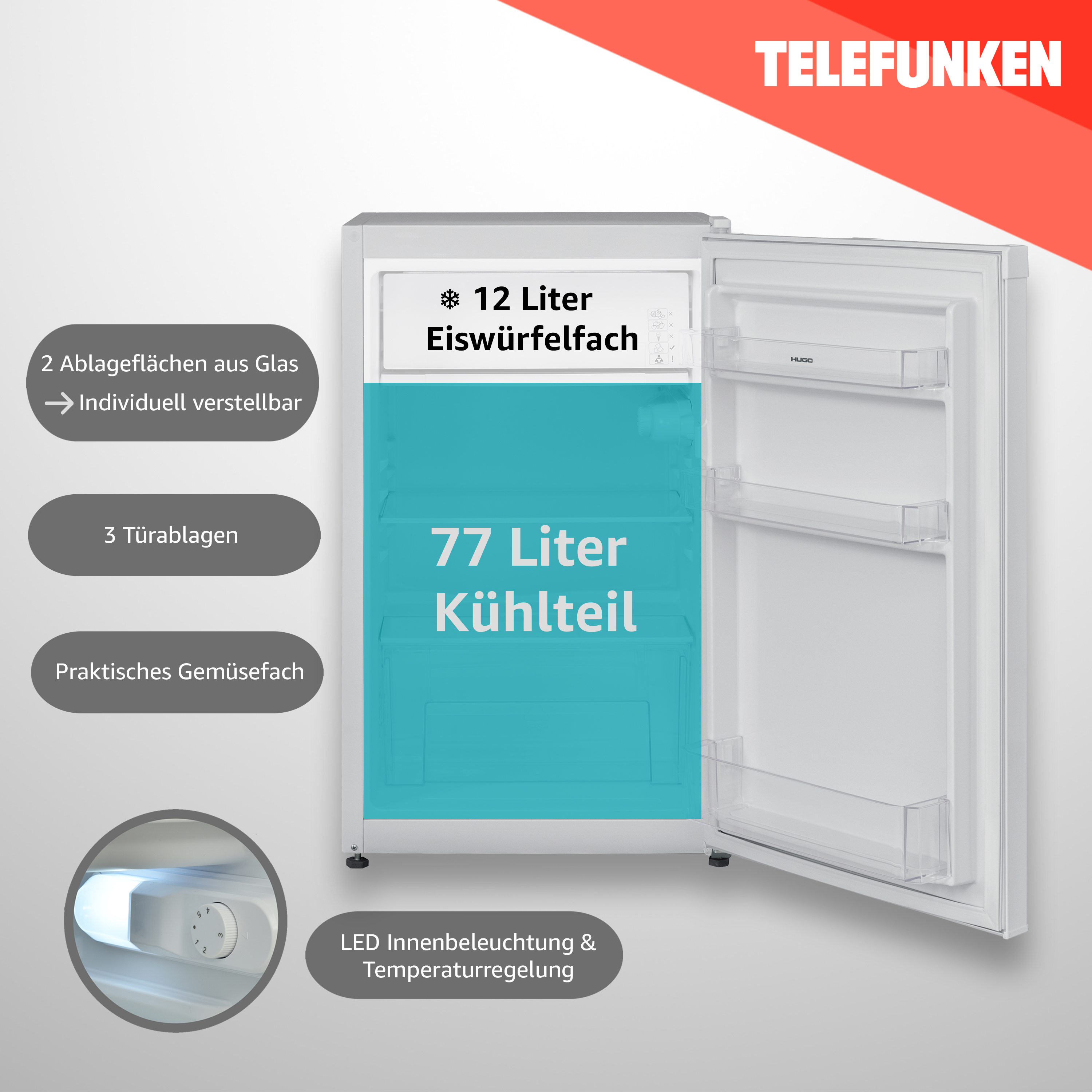 Kleiner weißer Kühlschrank mit offener Tür, zeigt Regale, Eisabteil und Textetiketten.