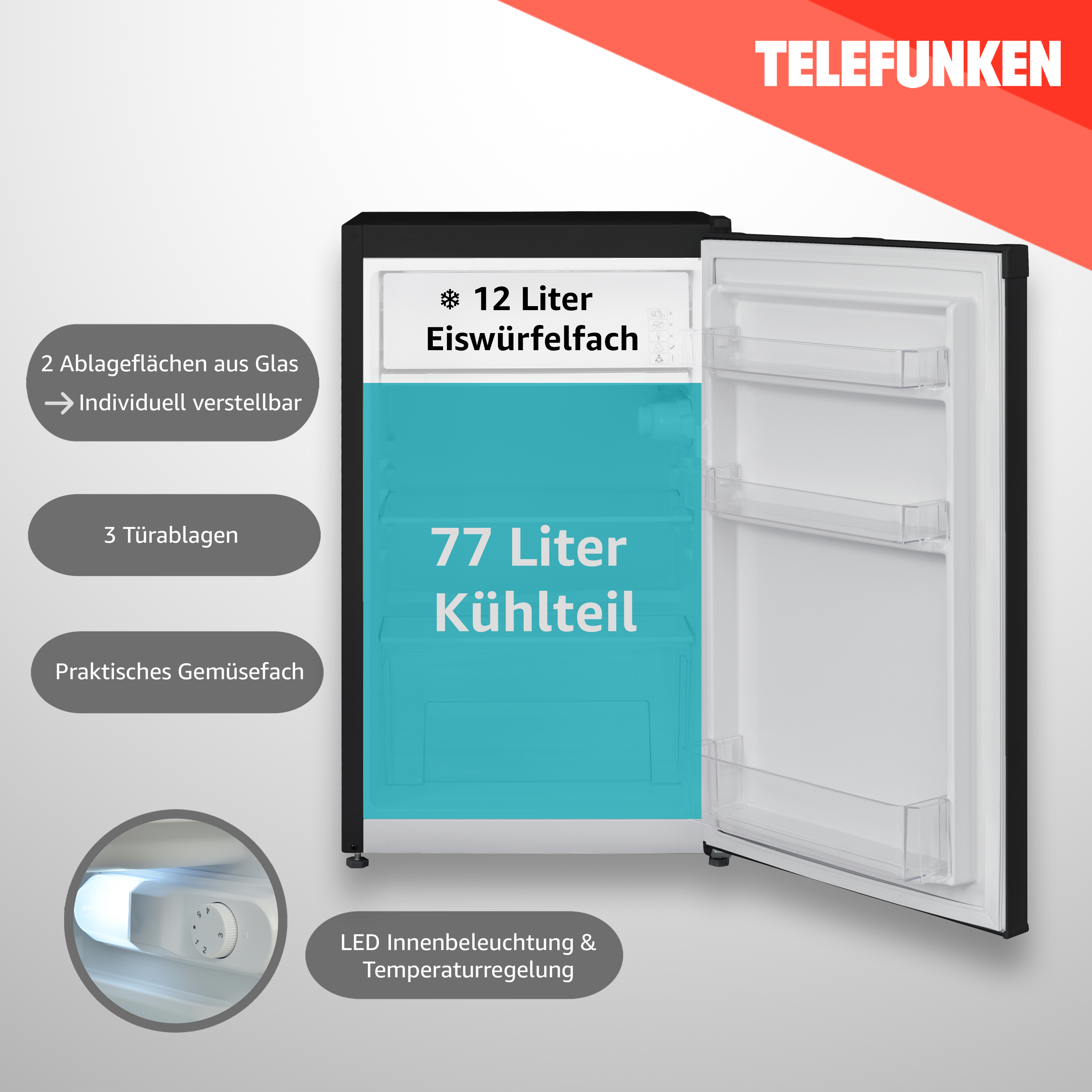 Ein Kühlschrank mit offener Tür, der Regale und ein Eisfach zeigt.