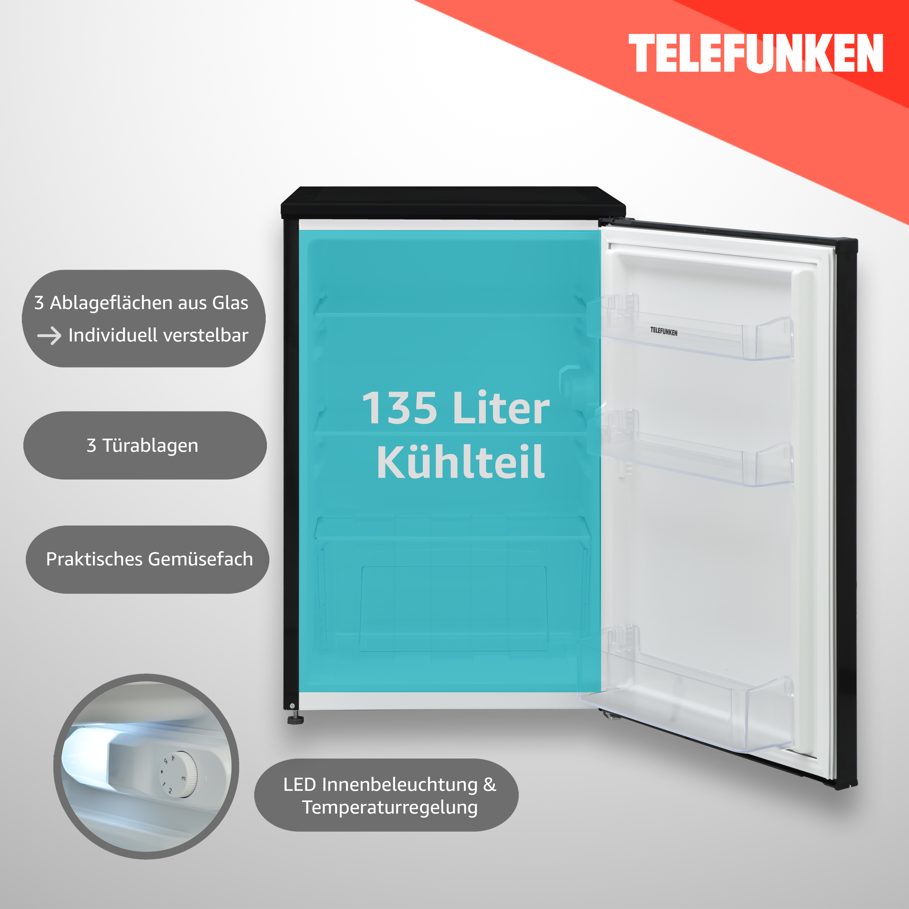 Kleiner Kühlschrank mit offener Tür, zeigt Regale und Text.