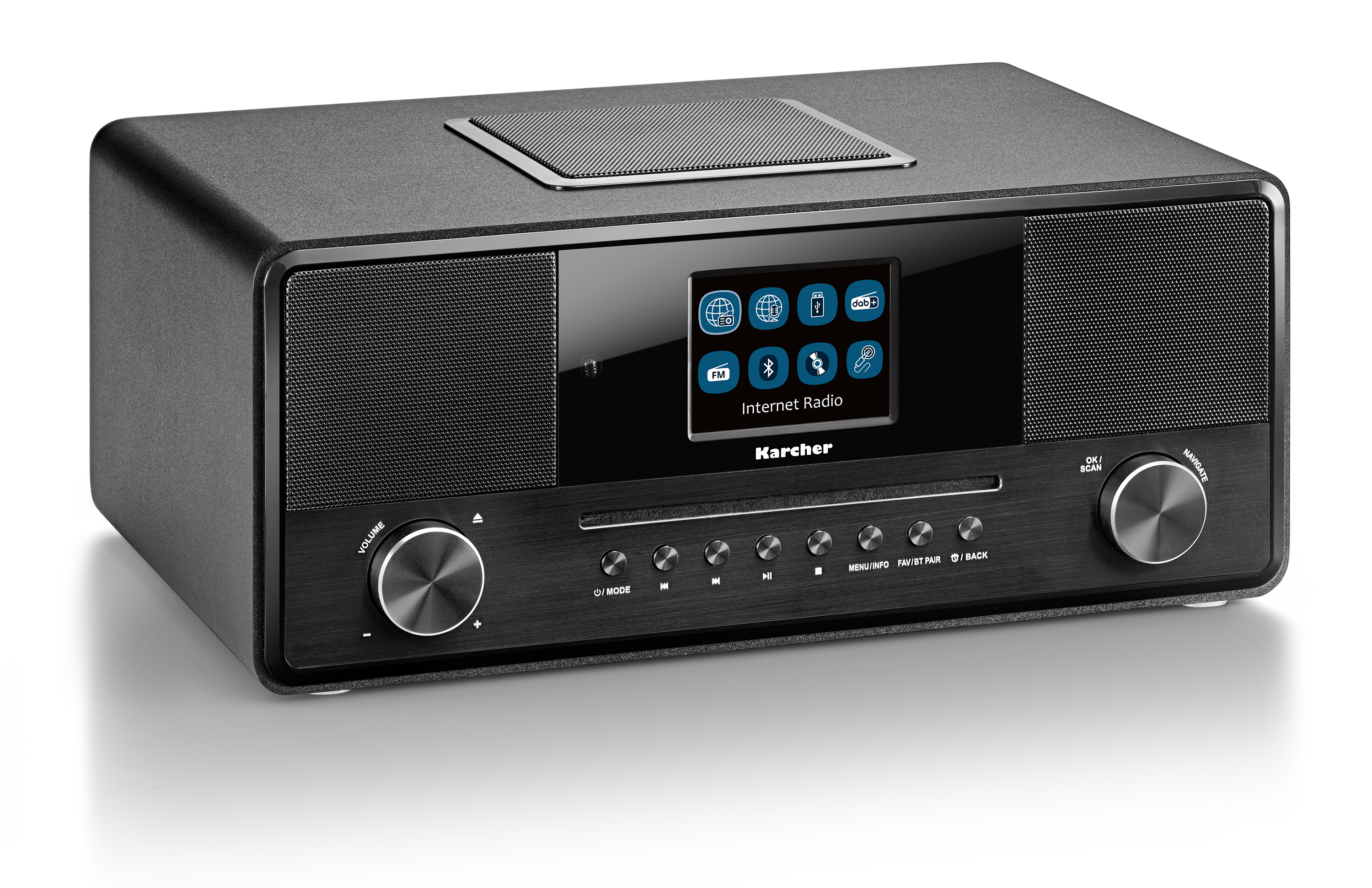 Radio Karcher nera con schermo e pulsanti per FM/DAB e radio Internet.