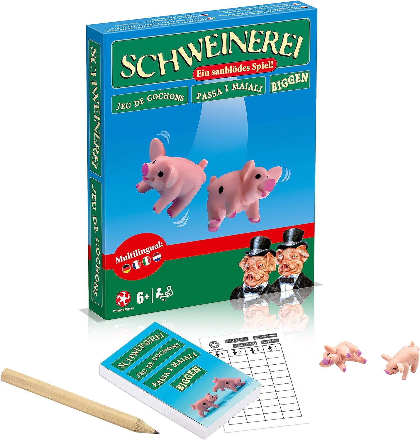 Eine Schachtel für ein Brettspiel namens Schweinerei, mit Schweinefiguren und Spielzubehör, auf weißem Hintergrund.