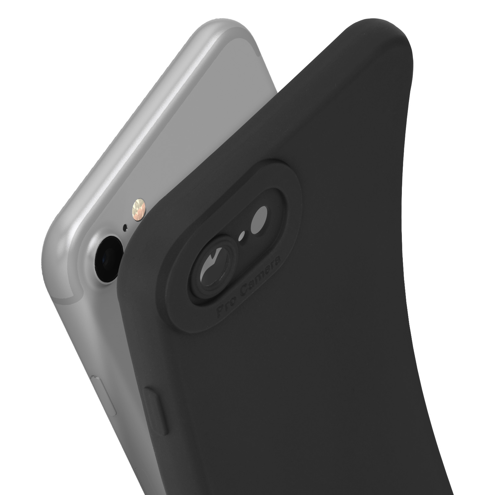 Gros plan d'un téléphone avec étui noir. Objectif de l'appareil photo visible. Téléphone argenté derrière.