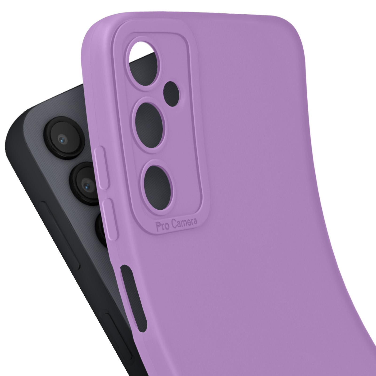 Custodia per telefono viola, ritaglio fotocamera. Un altro telefono è visibile dietro.