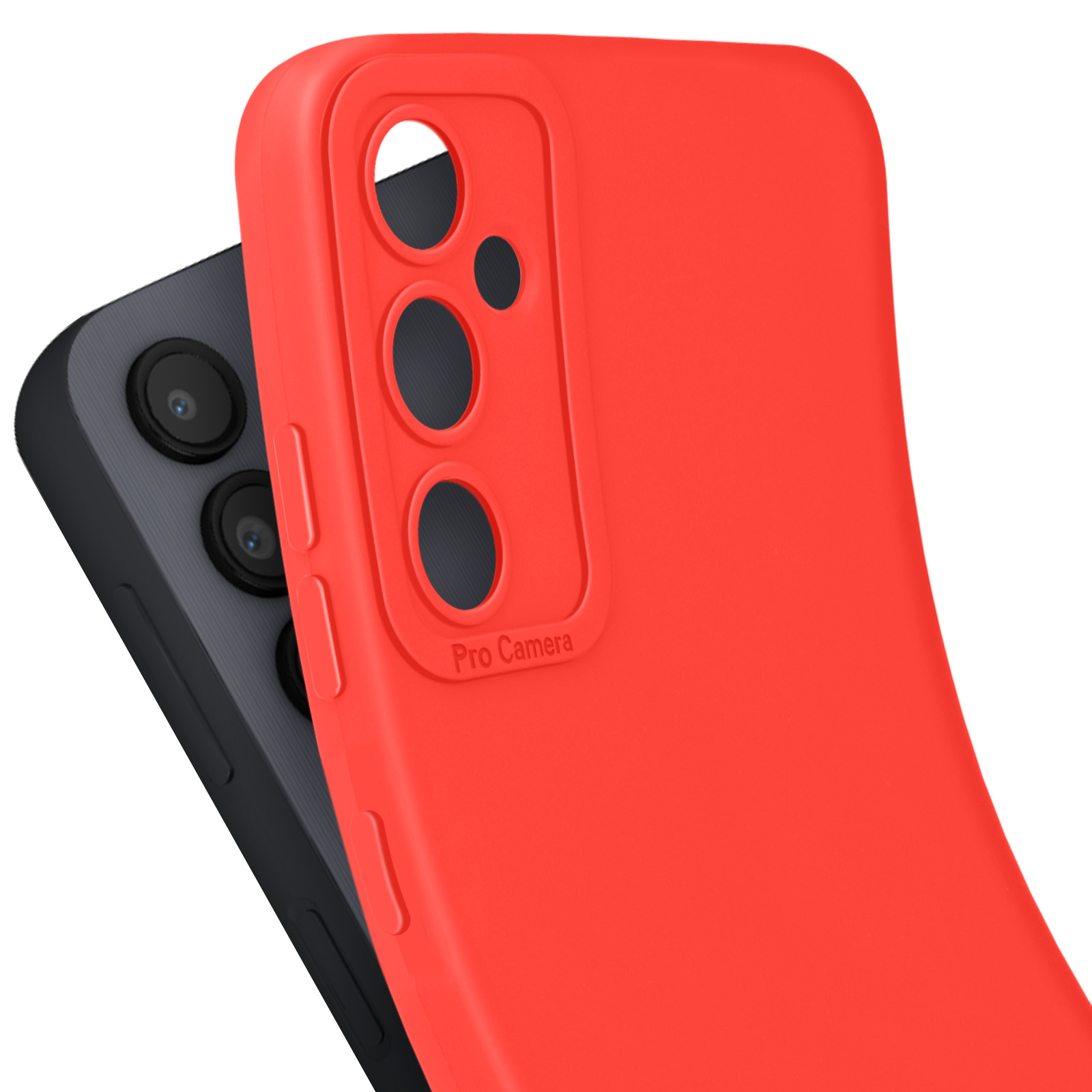 Una custodia per telefono rossa accanto a un telefono nero con tre obiettivi.