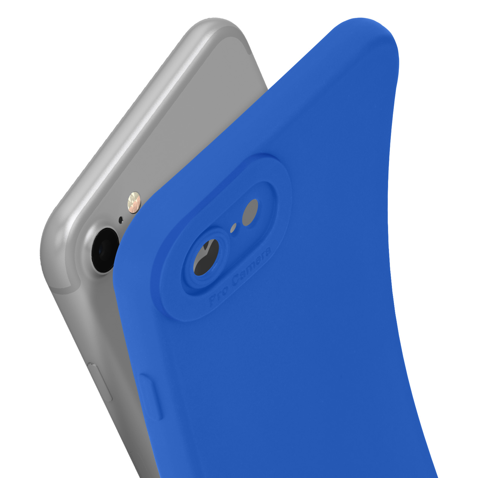 Een zilveren telefoon met een blauwe hoes. De hoes bedekt de achterkant en heeft een uitsparing voor de camera.