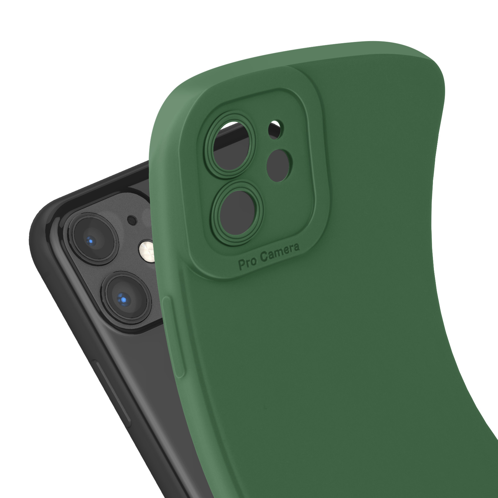 Custodia verde per telefono con fori per la fotocamera, sopra un telefono.
