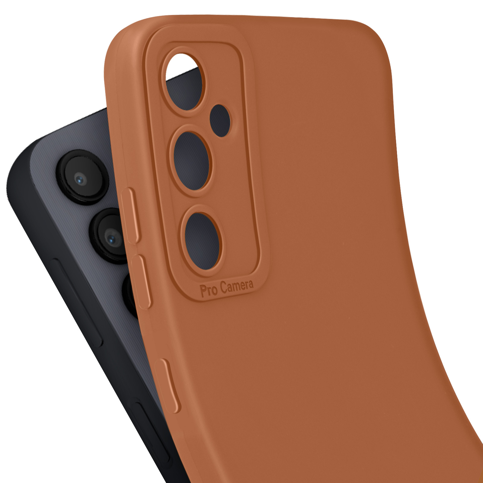 Primo piano di due custodie per telefono, una arancione, una grigio scuro, una con fori per la fotocamera. 'Pro Camera' visibile.