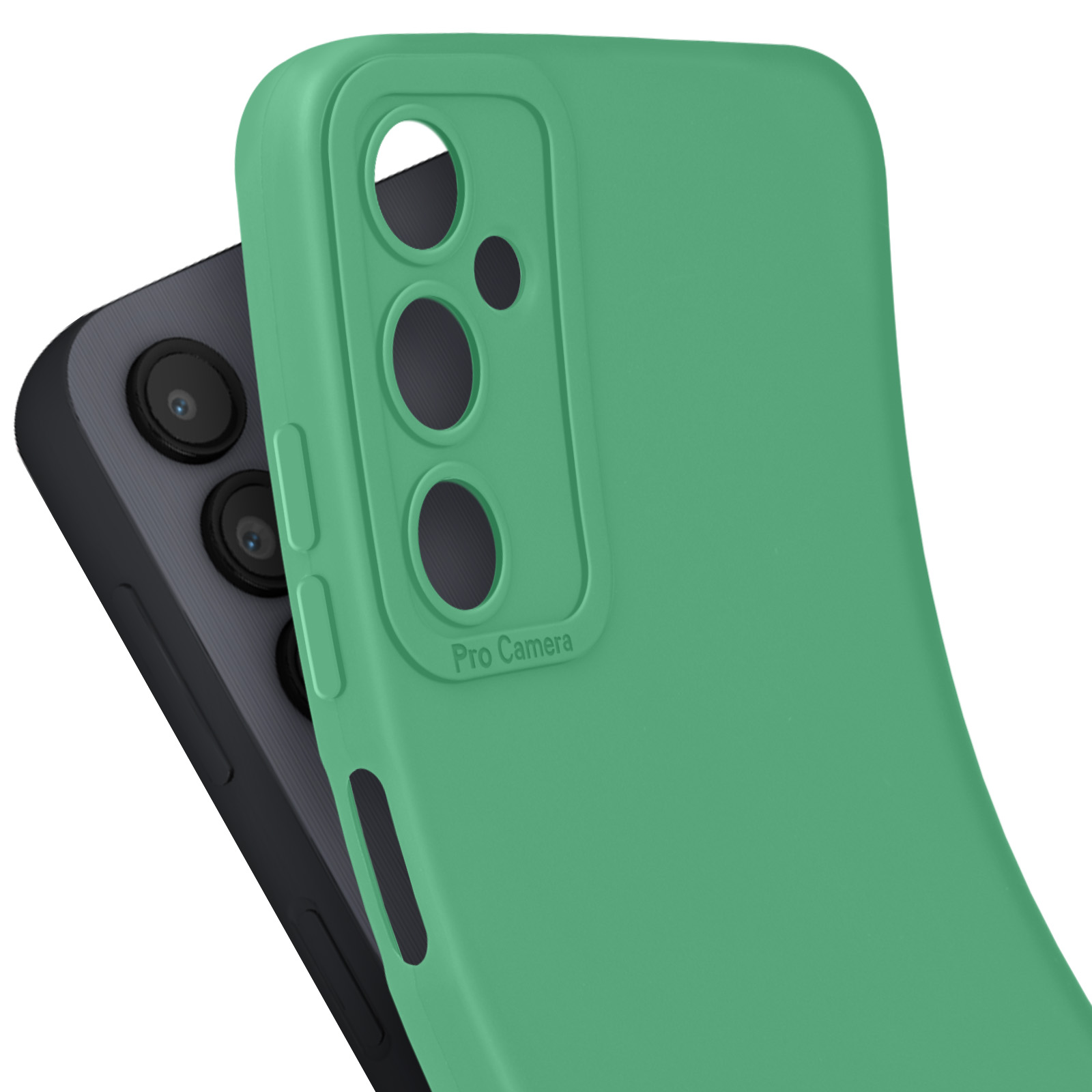 Due custodie per telefono, una verde e una nera, con intaglio per fotocamera.