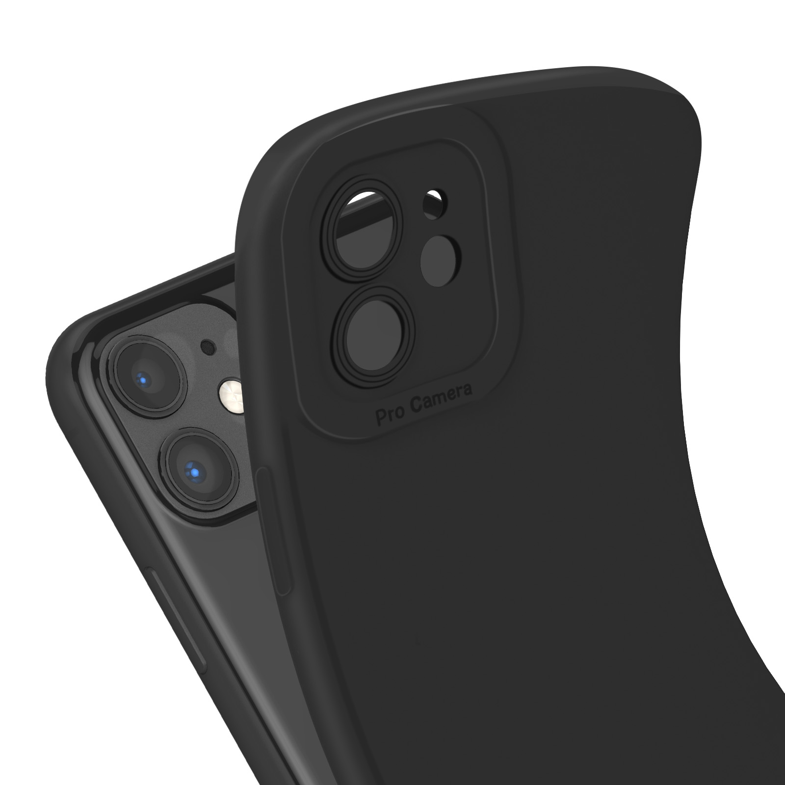 Primo piano di una custodia nera per telefono con fori per la fotocamera, retro.