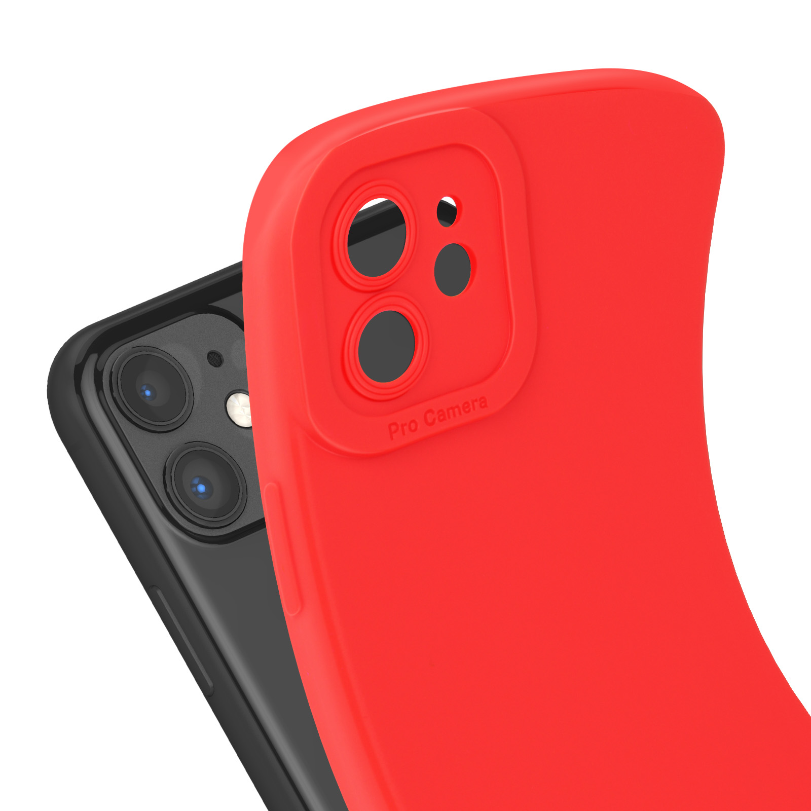 Custodia rossa su telefono nero con fori per fotocamera, su sfondo bianco.