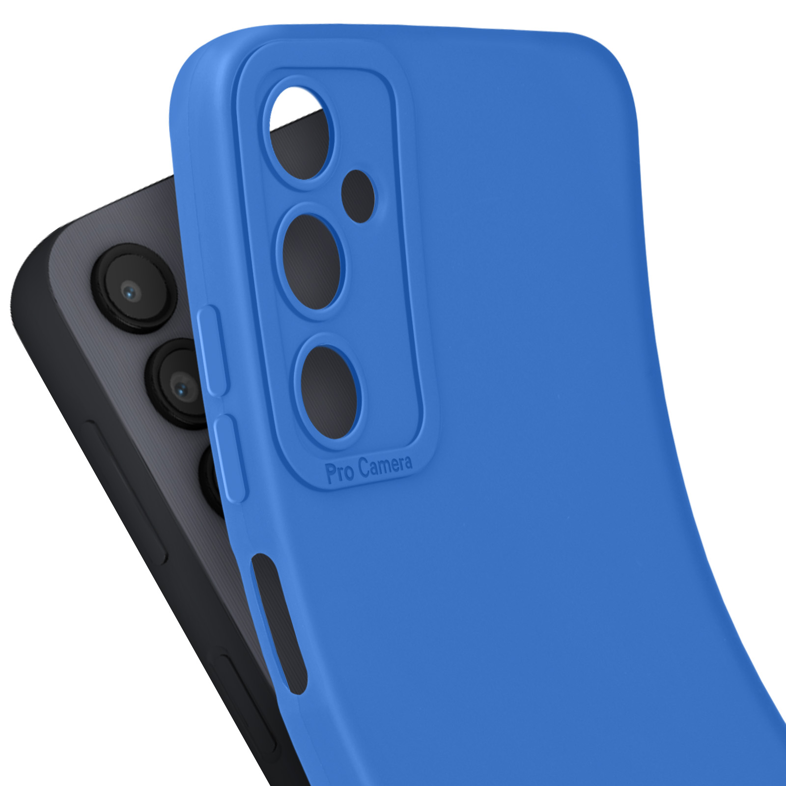 Una custodia blu per telefono su un telefono nero. La custodia copre le lenti della fotocamera.