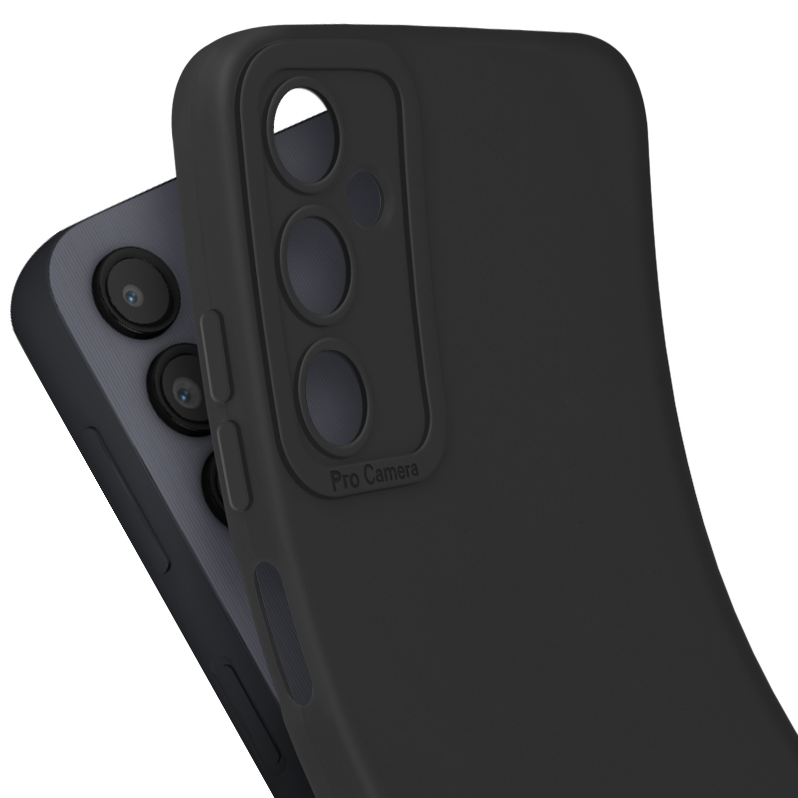 Custodia per telefono nera, con la parte posteriore di un telefono parzialmente visibile, che mostra le lenti della fotocamera.