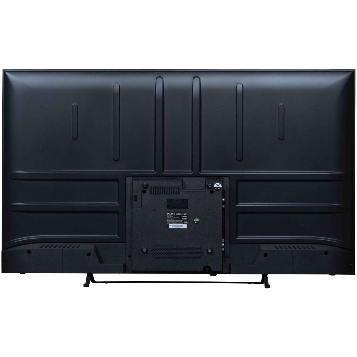 Arrière d'une TV noire montrant ports et aérations. Comporte un autocollant 'BALUNA'.
