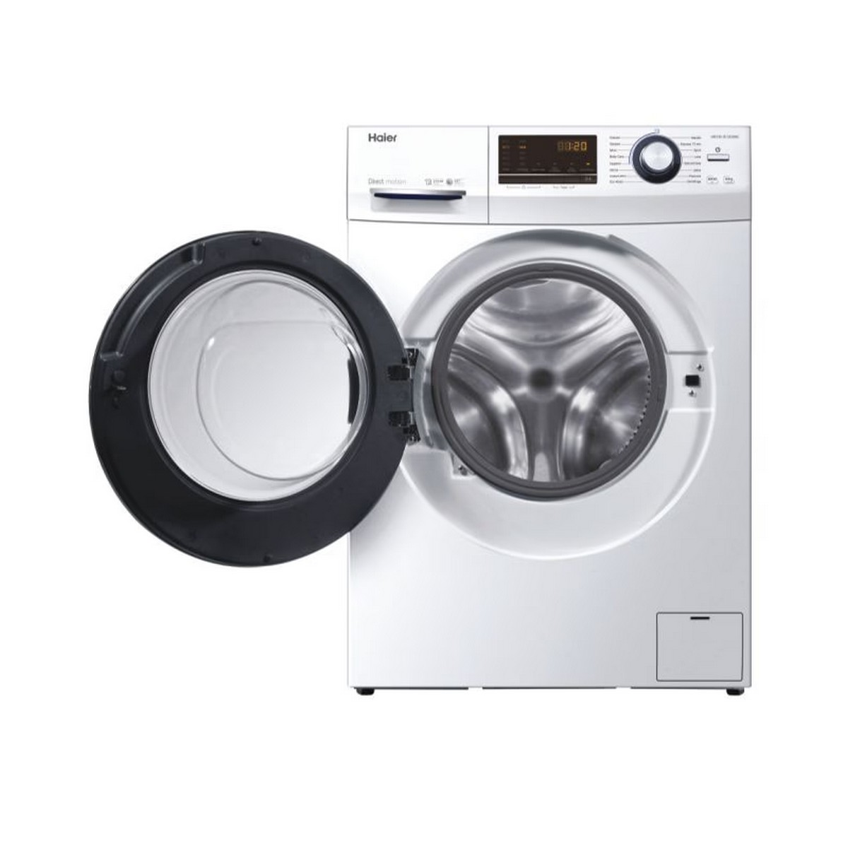 Una lavatrice Haier argentata con la porta aperta, che mostra il cestello e il pannello di controllo.