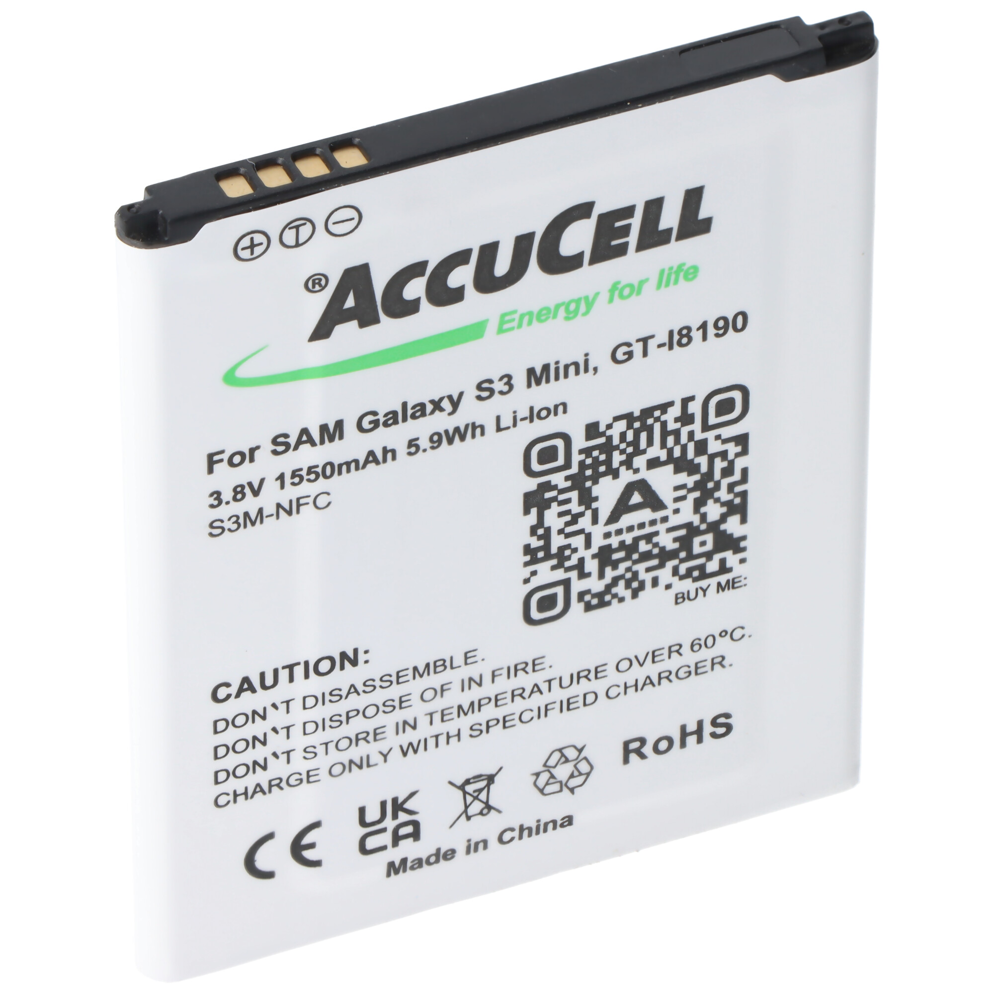 Eine weiße AccuCell-Batterie für ein Samsung Galaxy S3 Mini-Telefon, mit QR-Codes.
