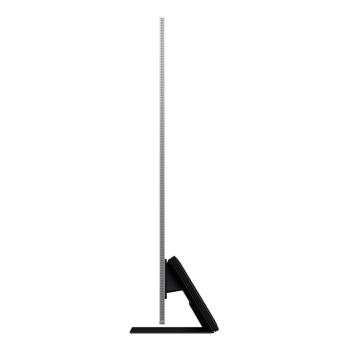 Profilo sottile di un TV Samsung, cornice argentata, supporto nero.