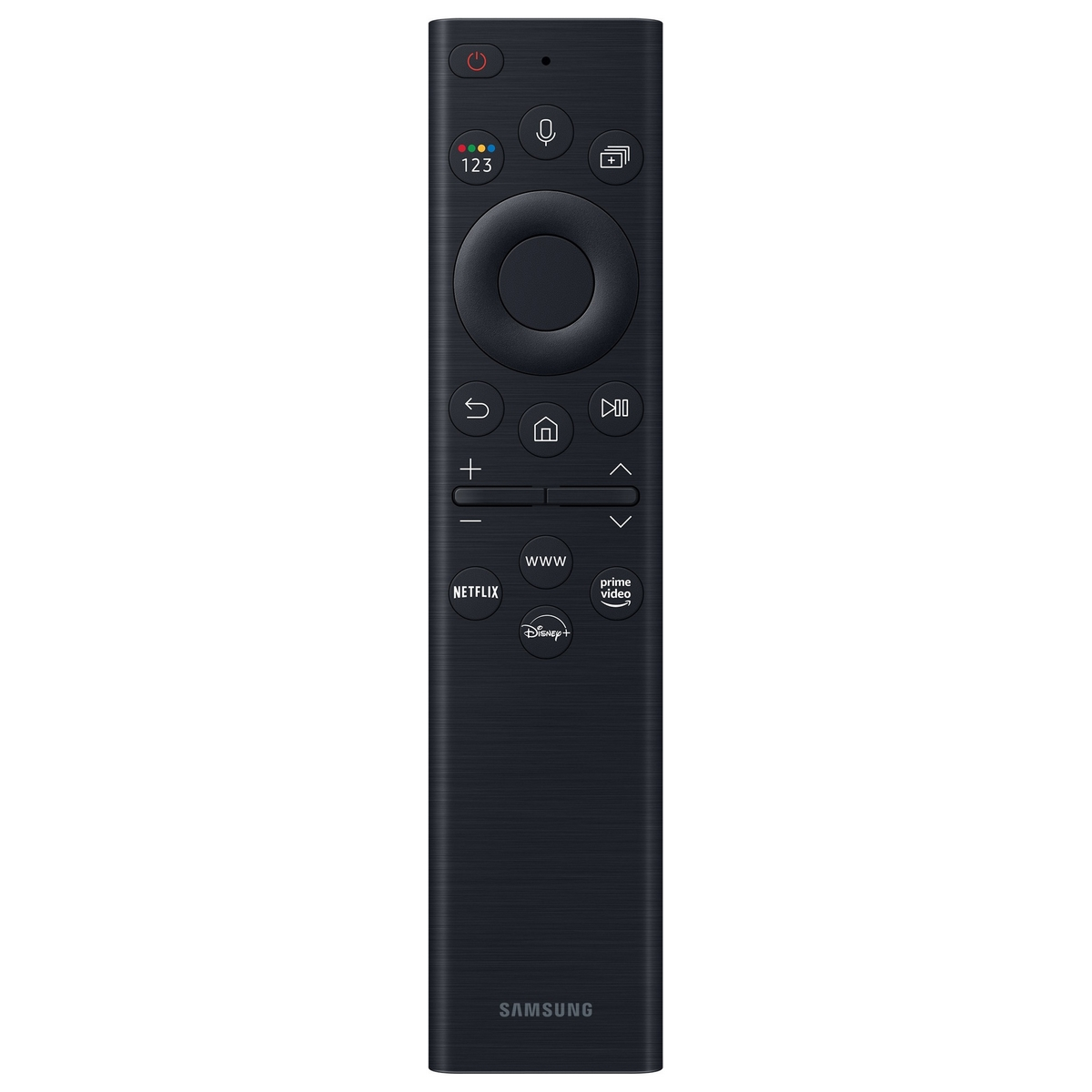 Telecomando Samsung nero con vari pulsanti, inclusi tasti dei servizi di streaming.