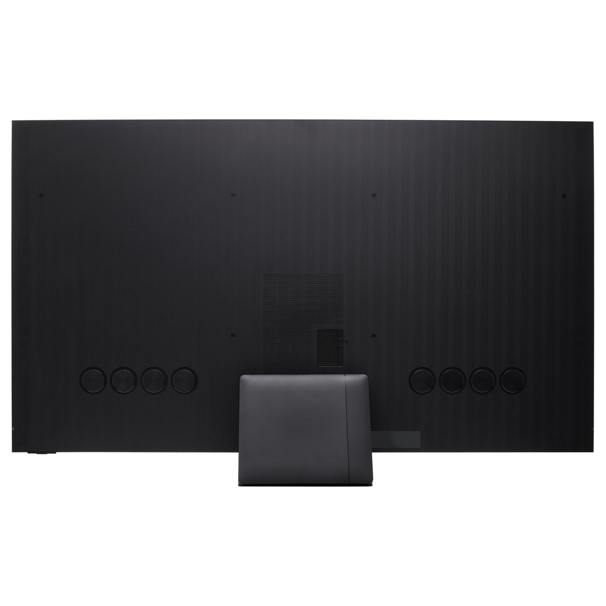 Vista posteriore di una TV nera con supporto e porte.