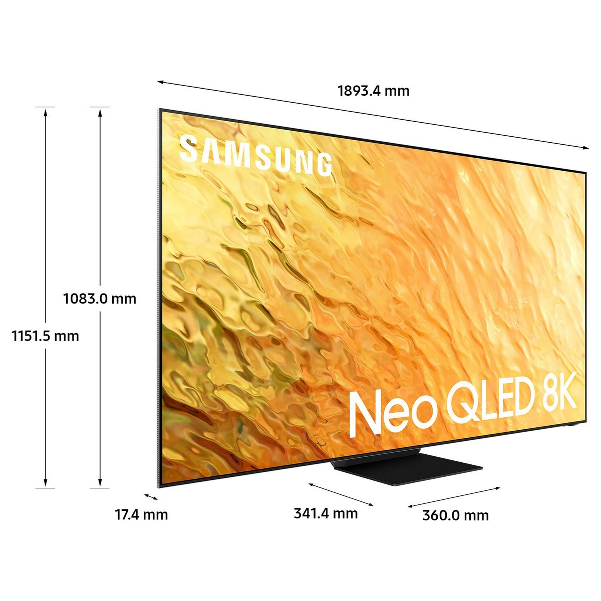 TV Samsung Neo QLED 8K, che mostra dimensioni ed elementi di design.