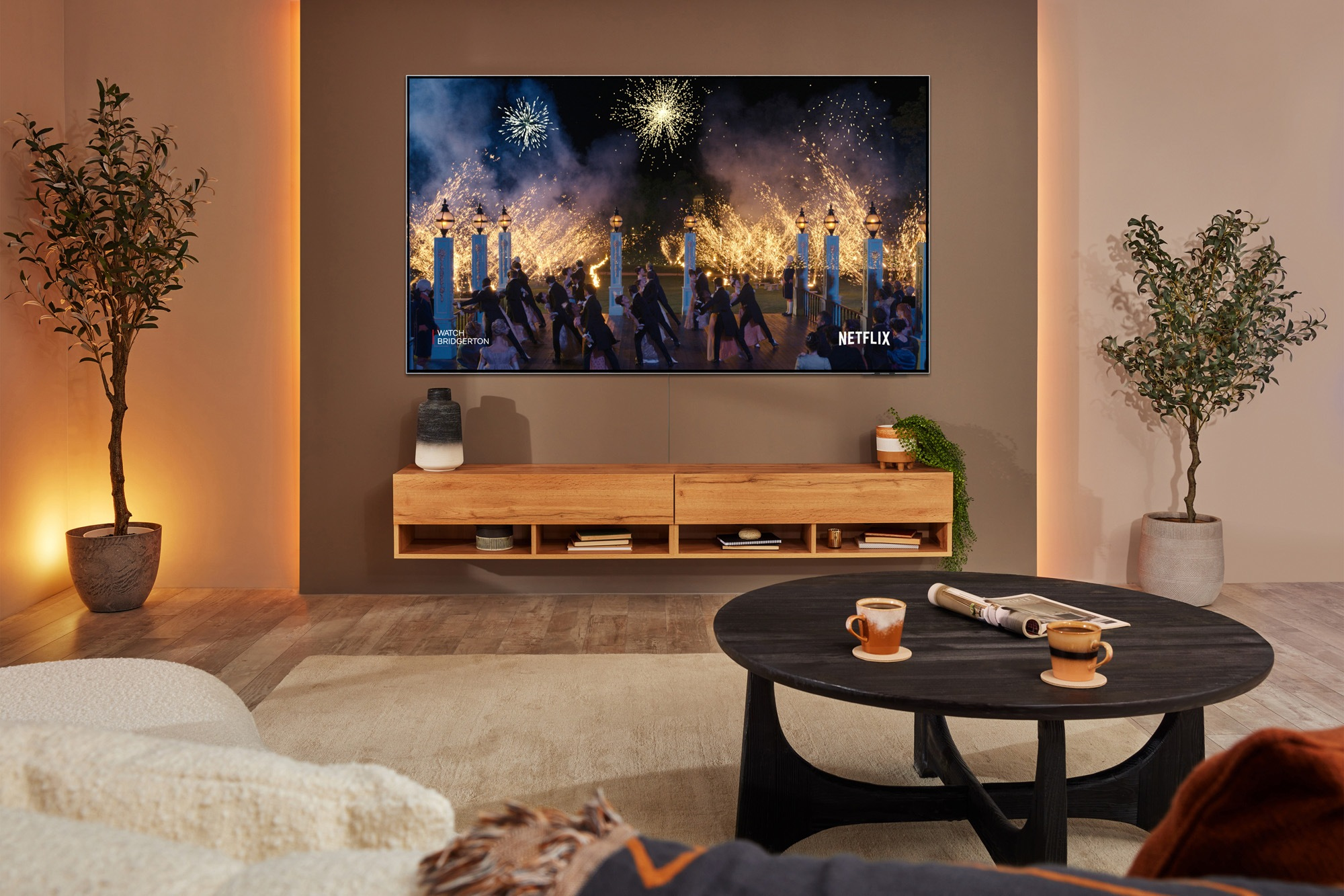 Una TV mostra uno spettacolo pirotecnico. È sopra un mobile in legno. Piante e tavolino.