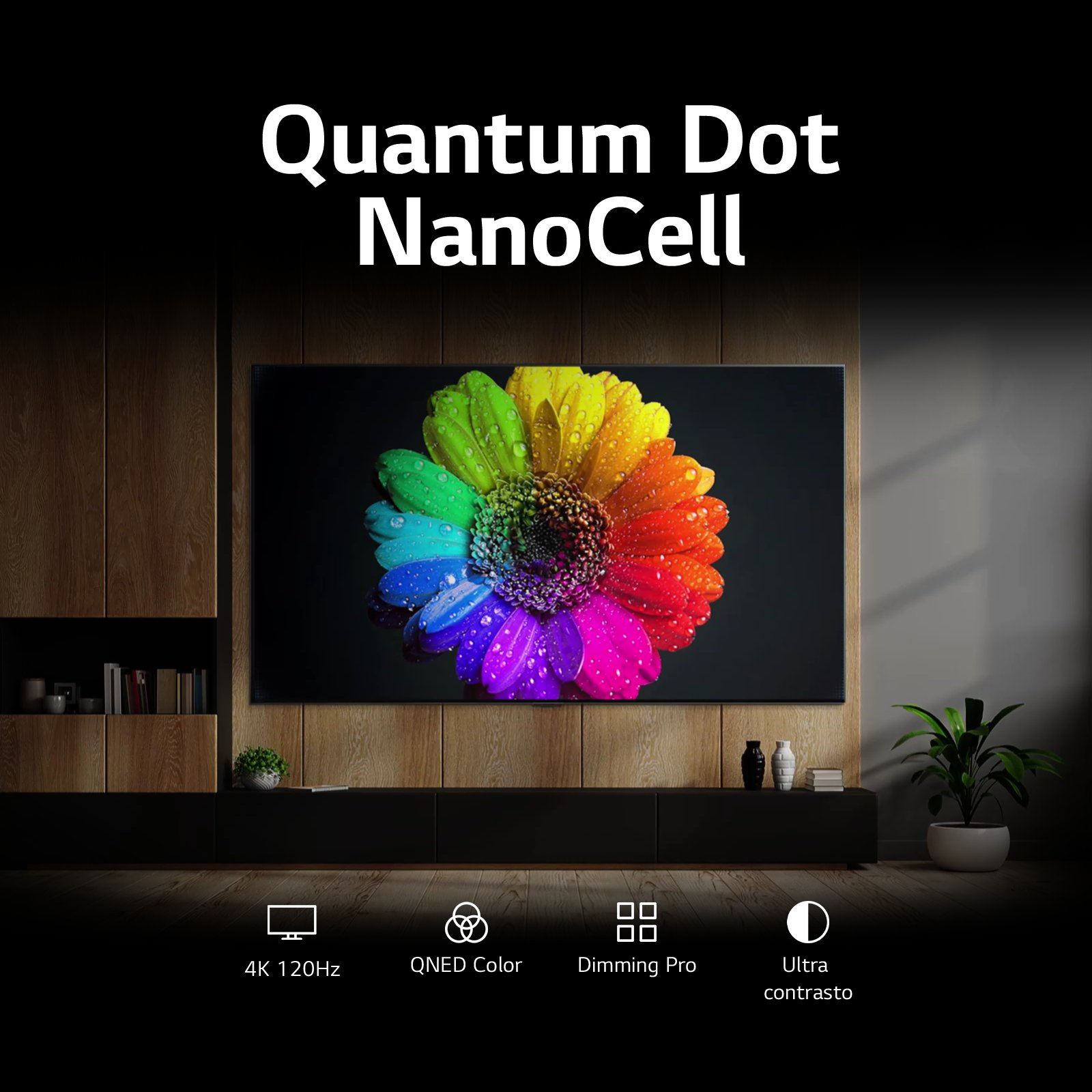 Duży telewizor wyświetlający kolorowy obraz kwiatu, nad szafką. Tekst brzmi 'Quantum Dot NanoCell'.