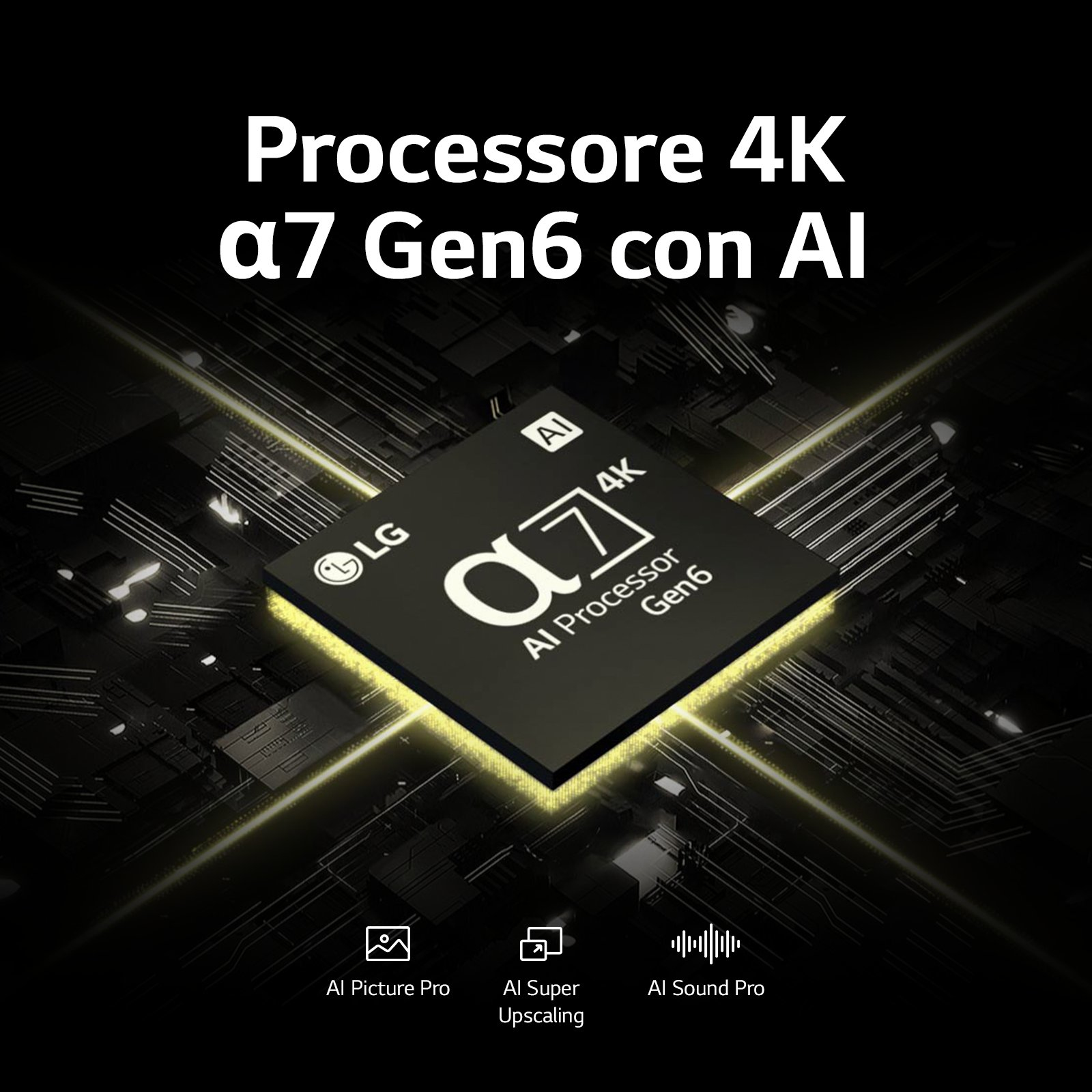 Procesor z tekstem: Processore 4K a7 Gen6 con AI i AI Picture Pro, AI Super Upscaling, AI Sound Pro.